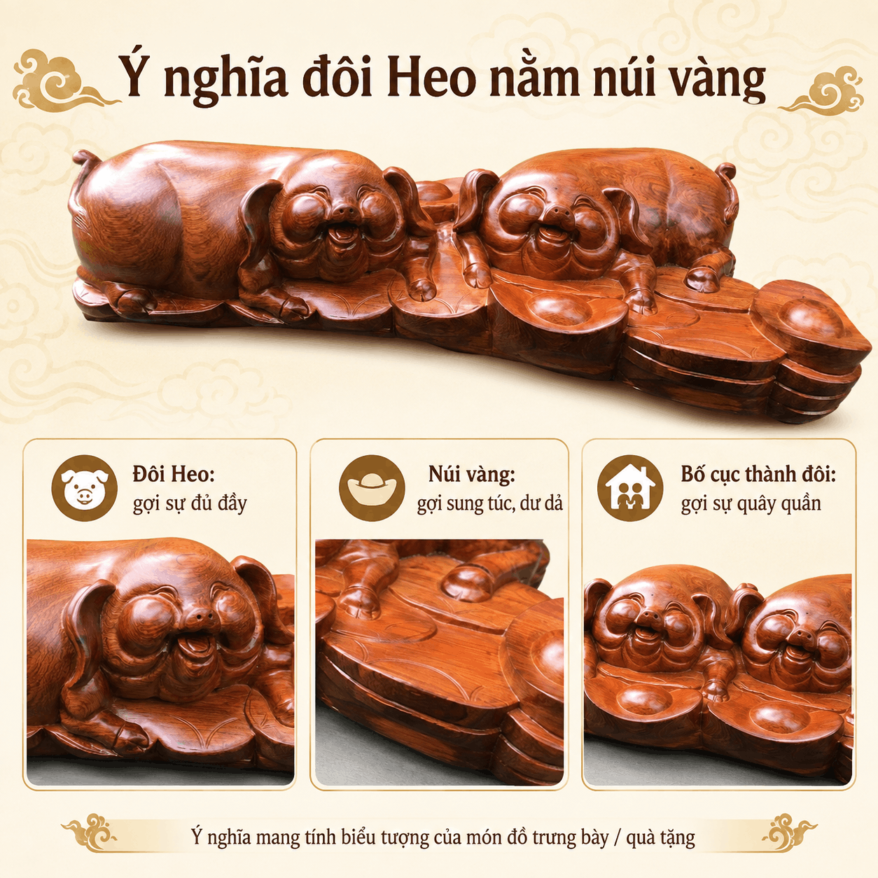 Tượng Đôi Heo Nằm Núi Vàng Gỗ Hương Nguyên Khối 64 × 32 × 12 cm – Độc Bản
