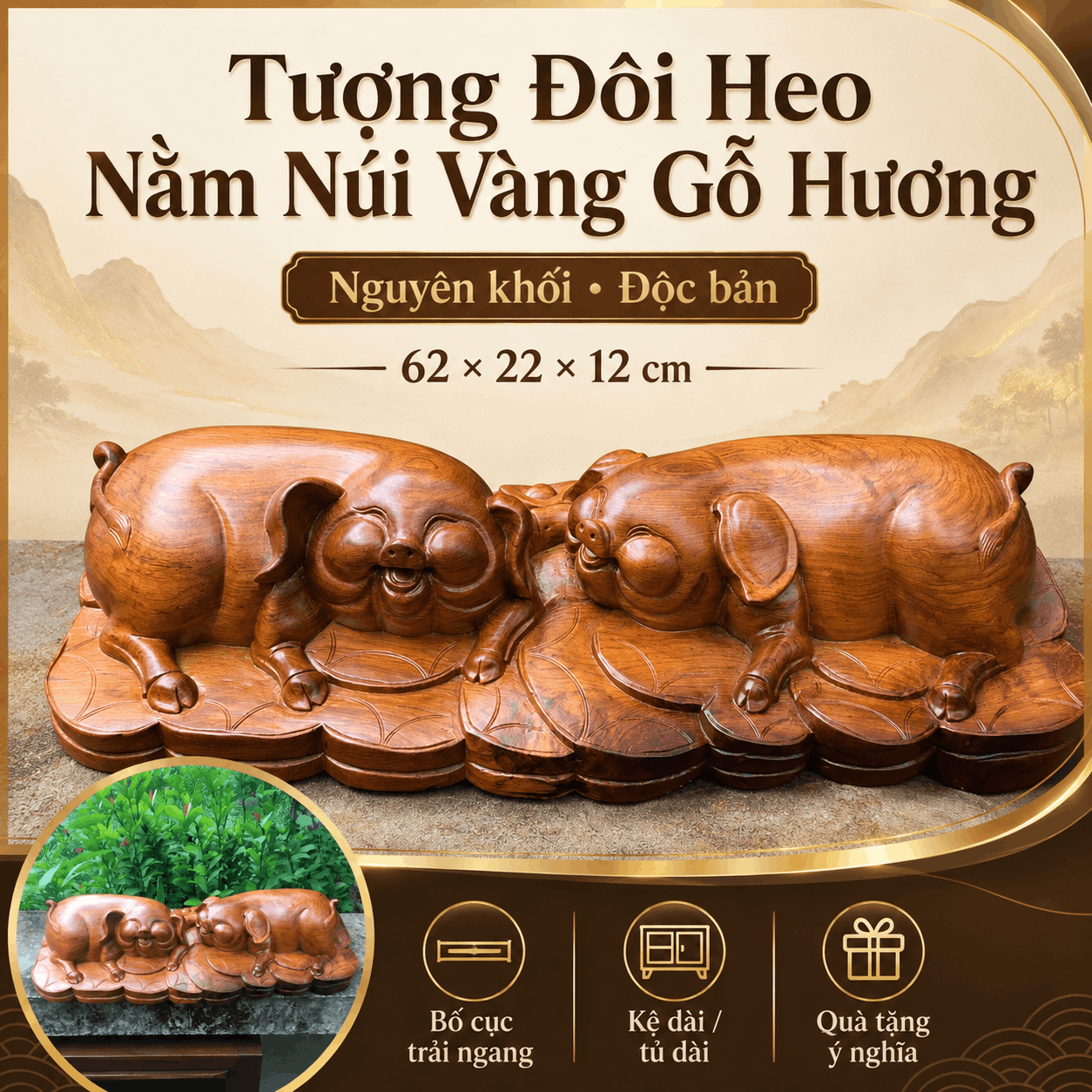 Tượng Đôi Heo Nằm Núi Vàng Gỗ Hương Nguyên Khối 62 × 22 × 12 cm – Độc Bản