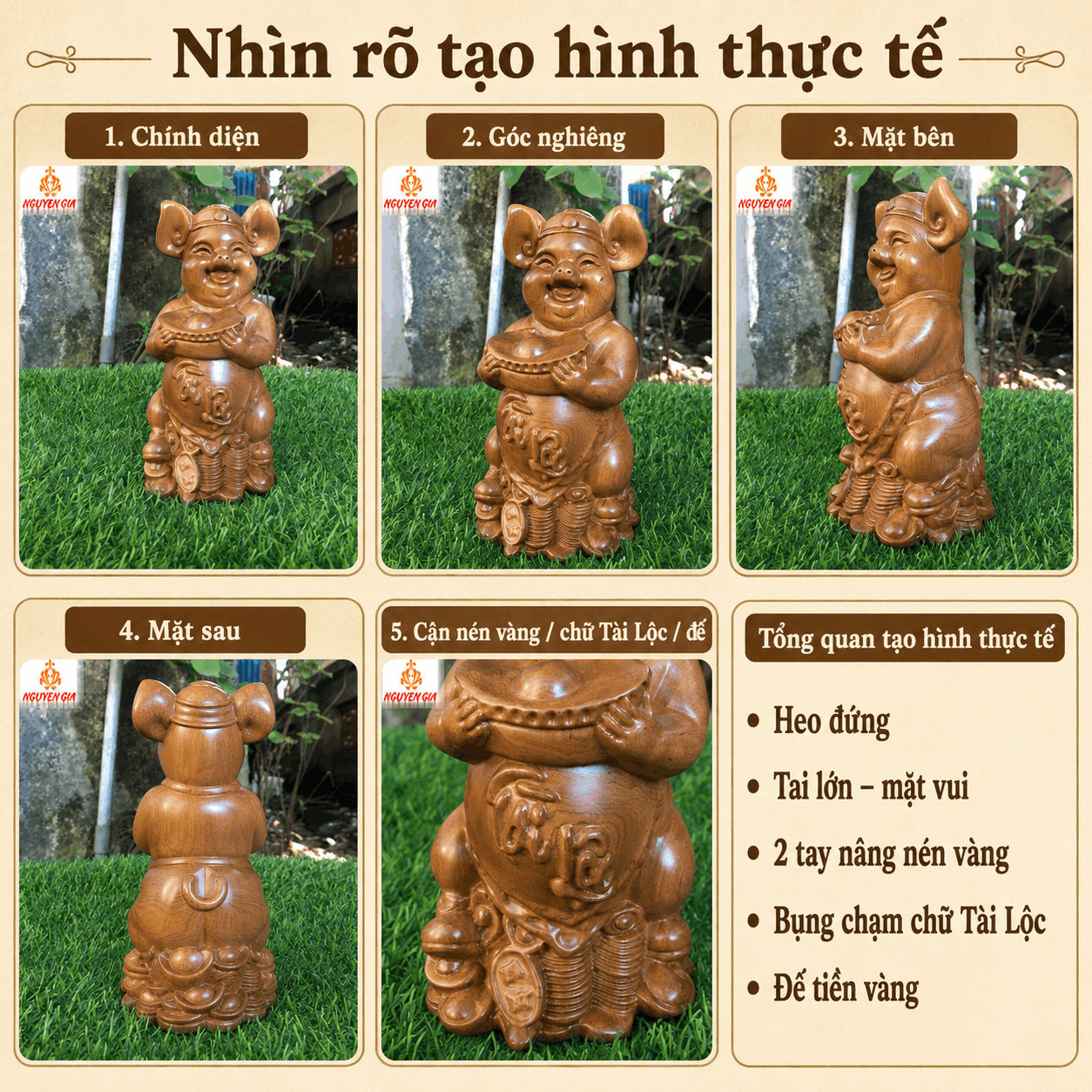 Tượng Heo Dâng Vàng Tài Lộc Gỗ Bách Xanh 20 × 10 × 10 cm