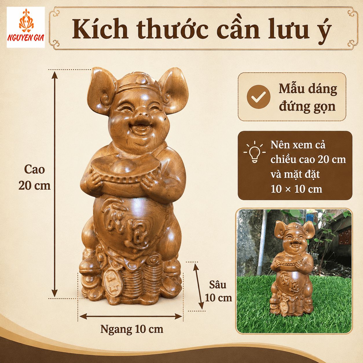Tượng Heo Dâng Vàng Tài Lộc Gỗ Bách Xanh 20 × 10 × 10 cm