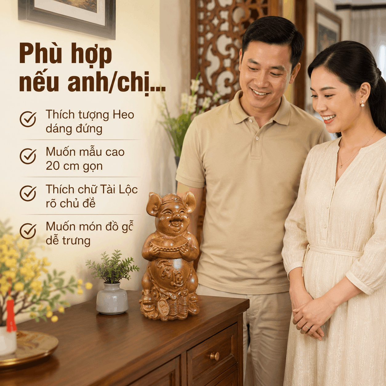 Tượng Heo Dâng Vàng Tài Lộc Gỗ Bách Xanh 20 × 10 × 10 cm