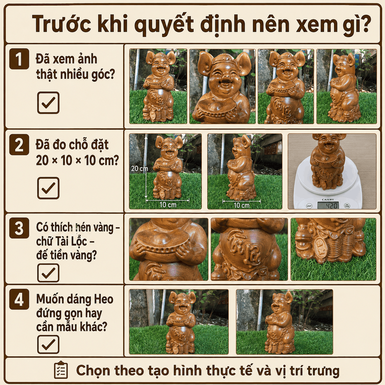 Tượng Heo Dâng Vàng Tài Lộc Gỗ Bách Xanh 20 × 10 × 10 cm