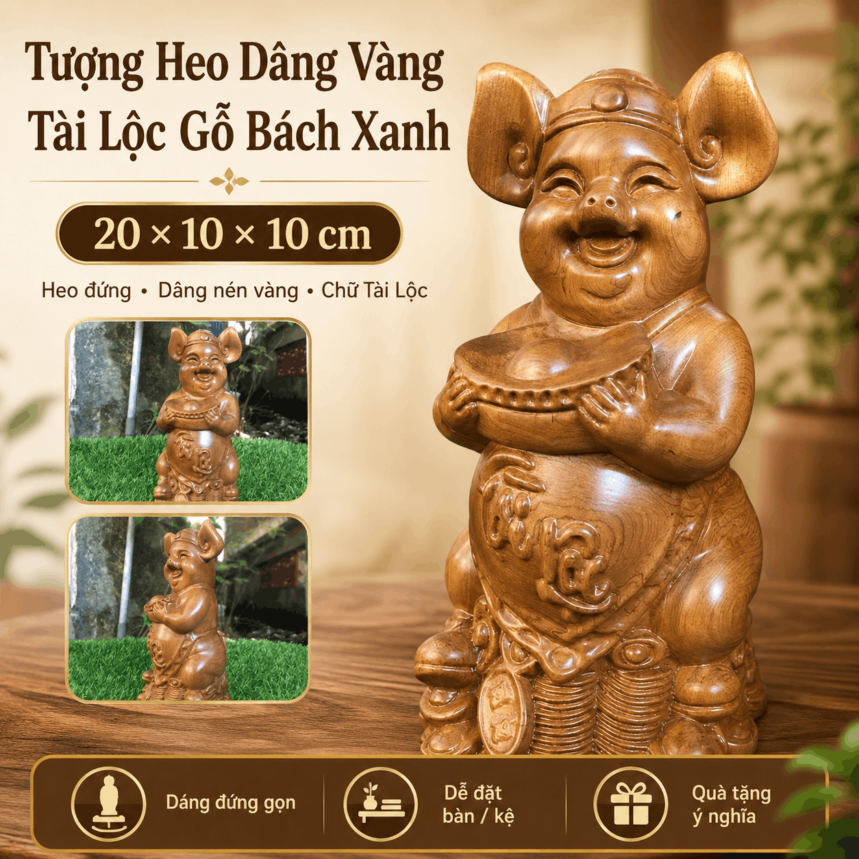 Tượng Heo Dâng Vàng Tài Lộc Gỗ Bách Xanh 20 × 10 × 10 cm