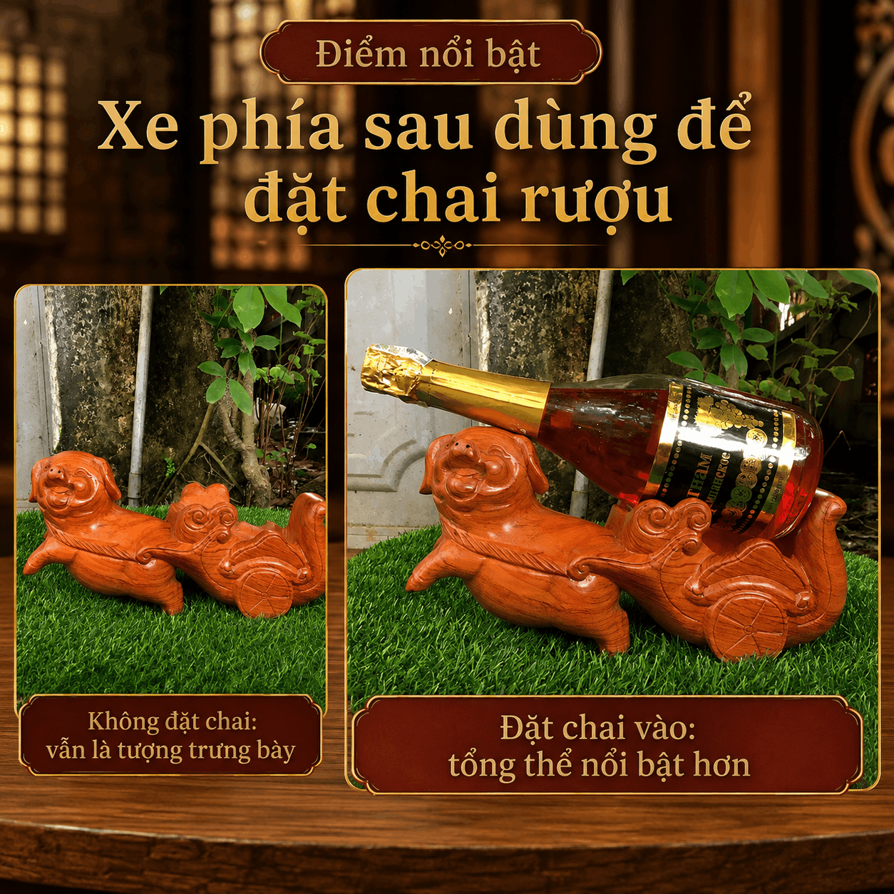 Tượng Heo Kéo Xe Rượu Gỗ Hương 28 × 9 × 15 cm