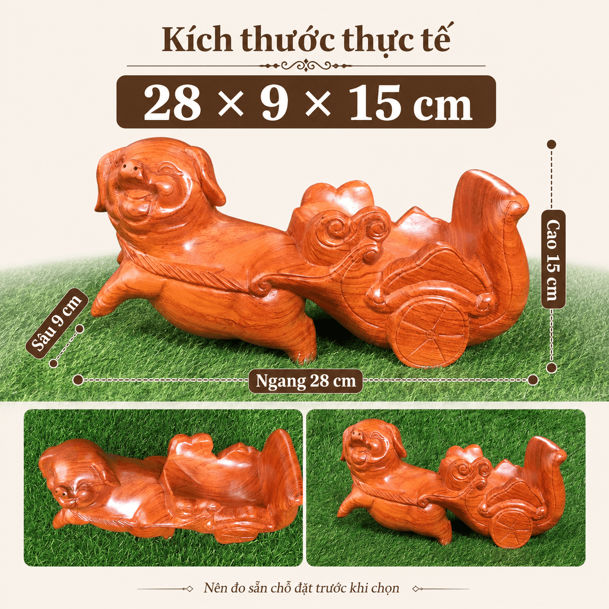 Tượng Heo Kéo Xe Rượu Gỗ Hương 28 × 9 × 15 cm