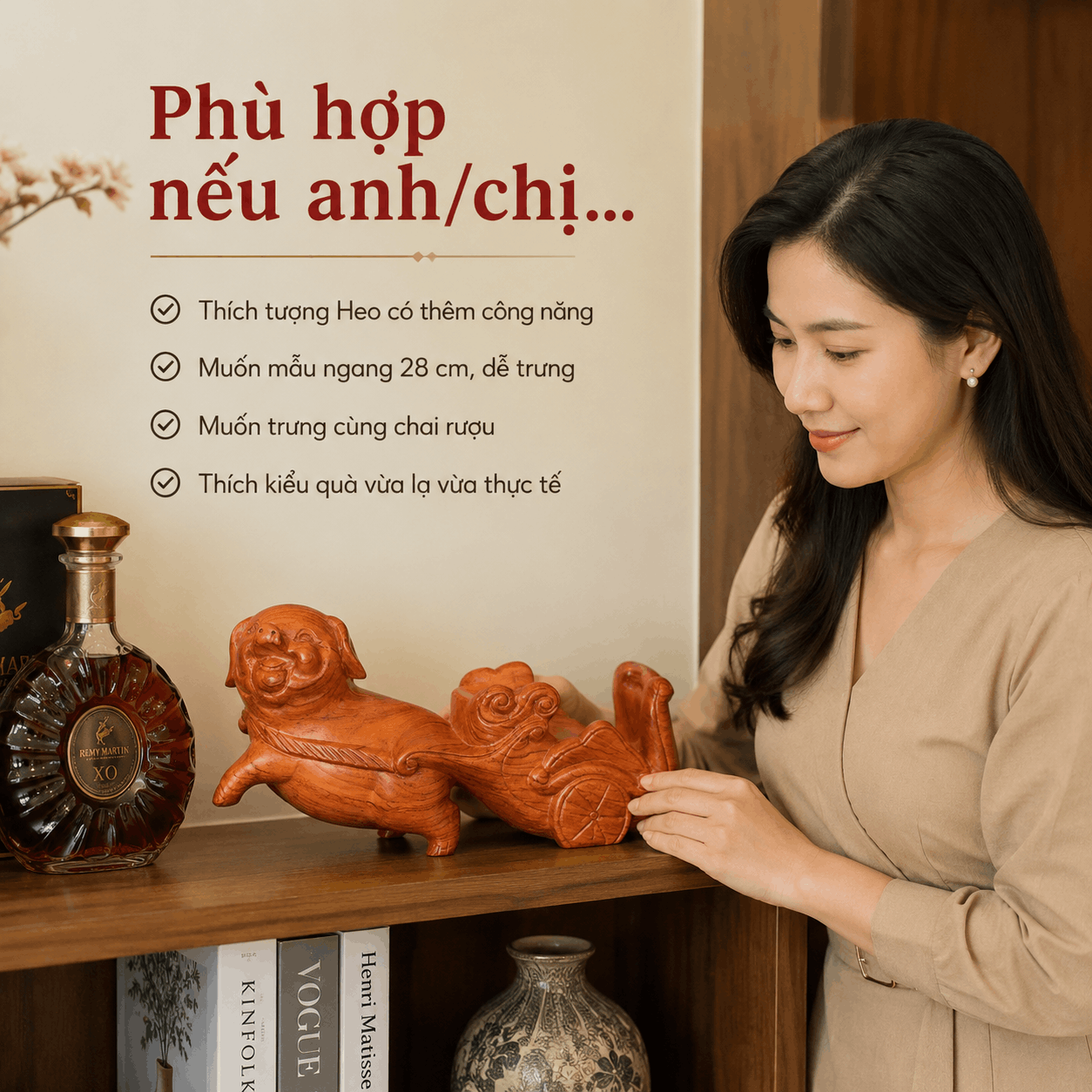 Tượng Heo Kéo Xe Rượu Gỗ Hương 28 × 9 × 15 cm