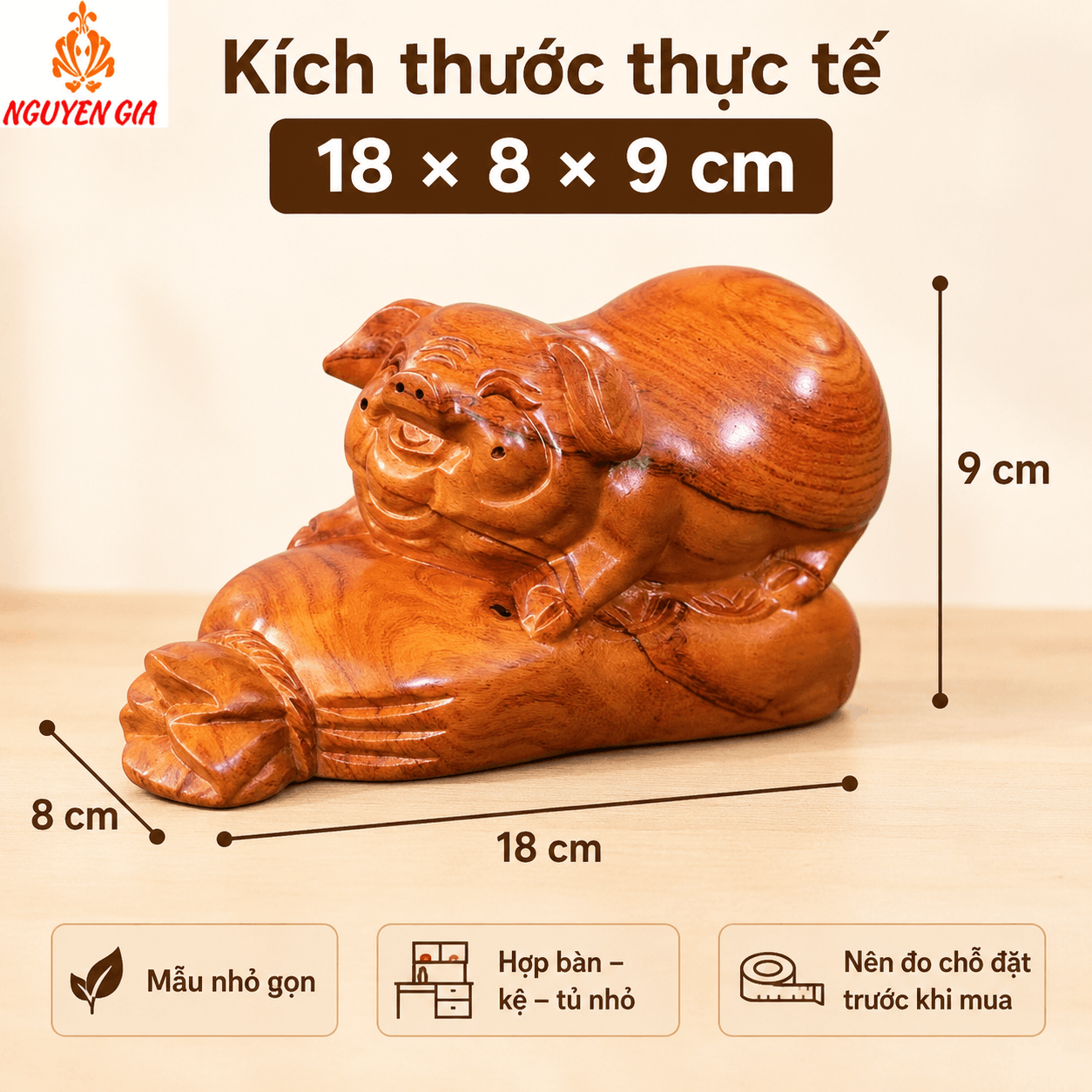 Tượng Heo Nằm Bao Tiền Gỗ Hương 18 × 8 × 9 cm