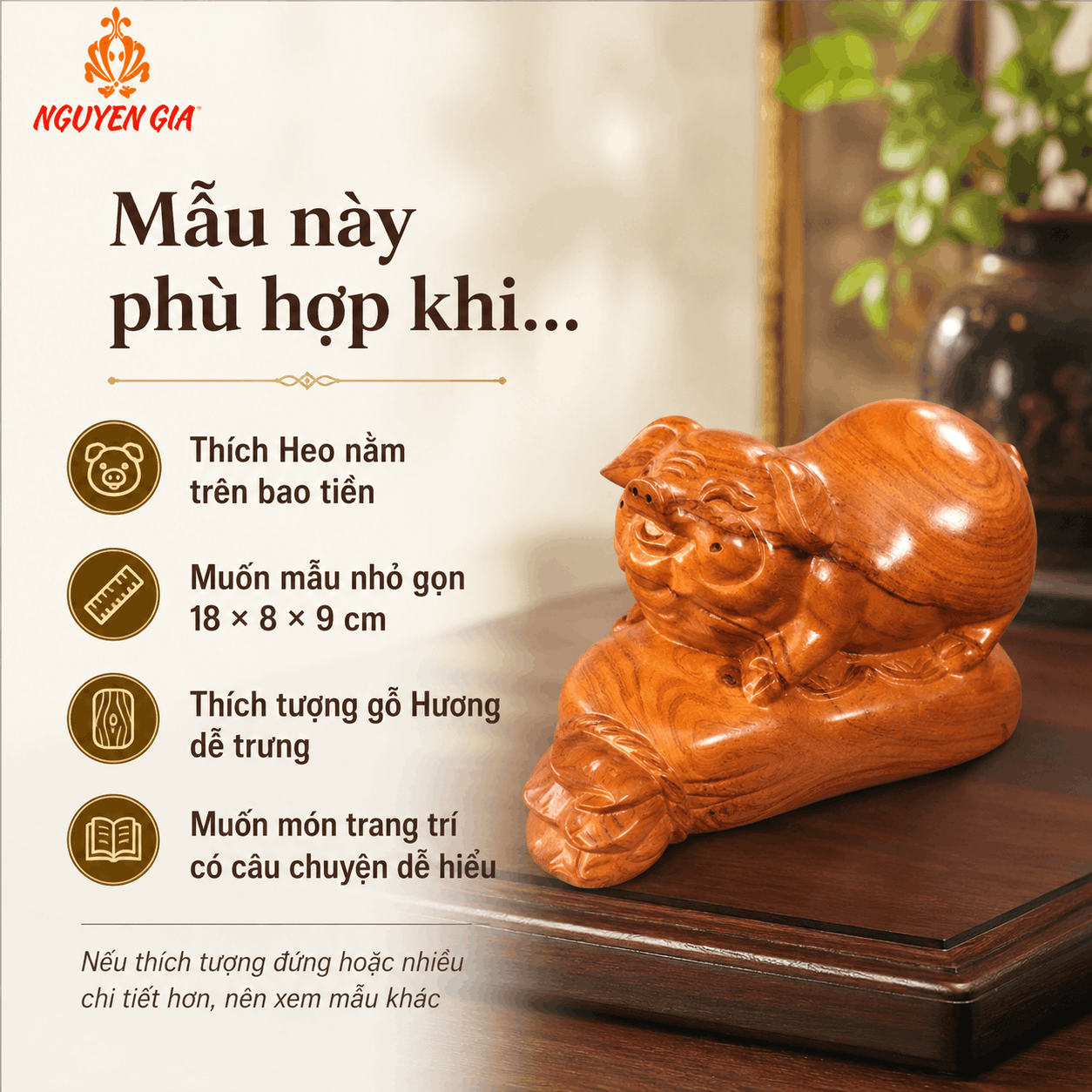 Tượng Heo Nằm Bao Tiền Gỗ Hương 18 × 8 × 9 cm