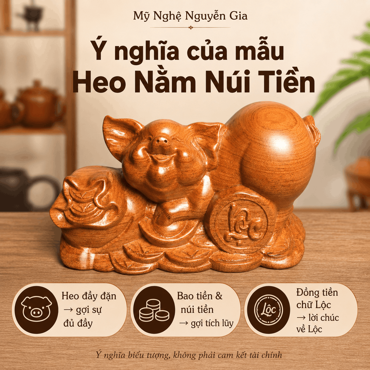 Tượng Heo Nằm Núi Tiền Gỗ Hương Nguyên Khối 19 × 9,5 × 10 cm