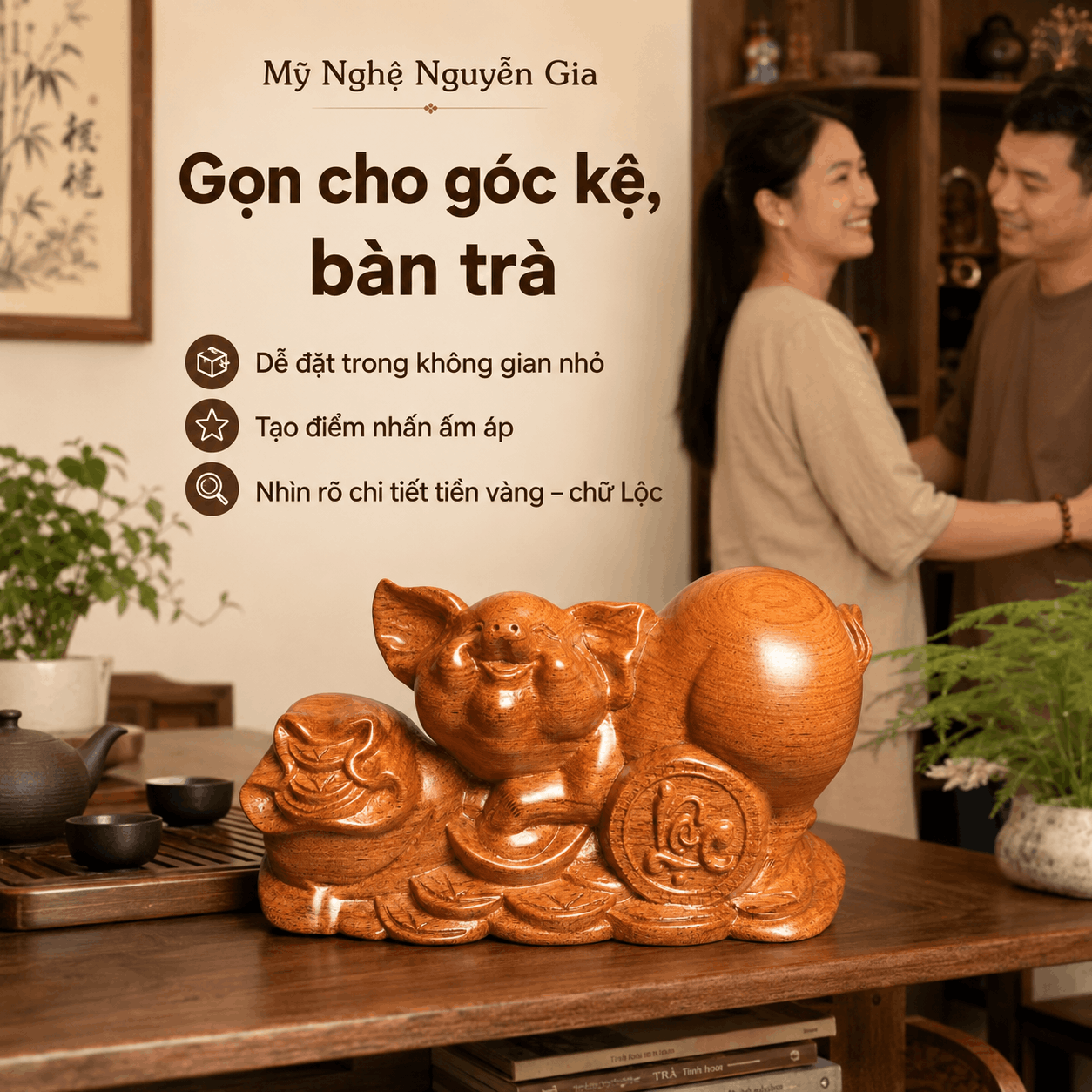 Tượng Heo Nằm Núi Tiền Gỗ Hương Nguyên Khối 19 × 9,5 × 10 cm