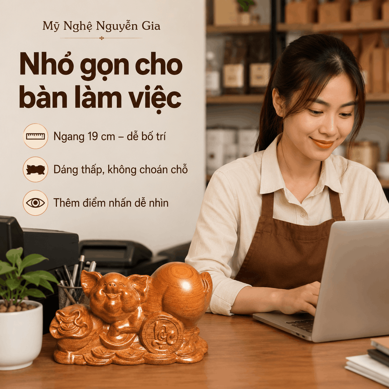 Tượng Heo Nằm Núi Tiền Gỗ Hương Nguyên Khối 19 × 9,5 × 10 cm