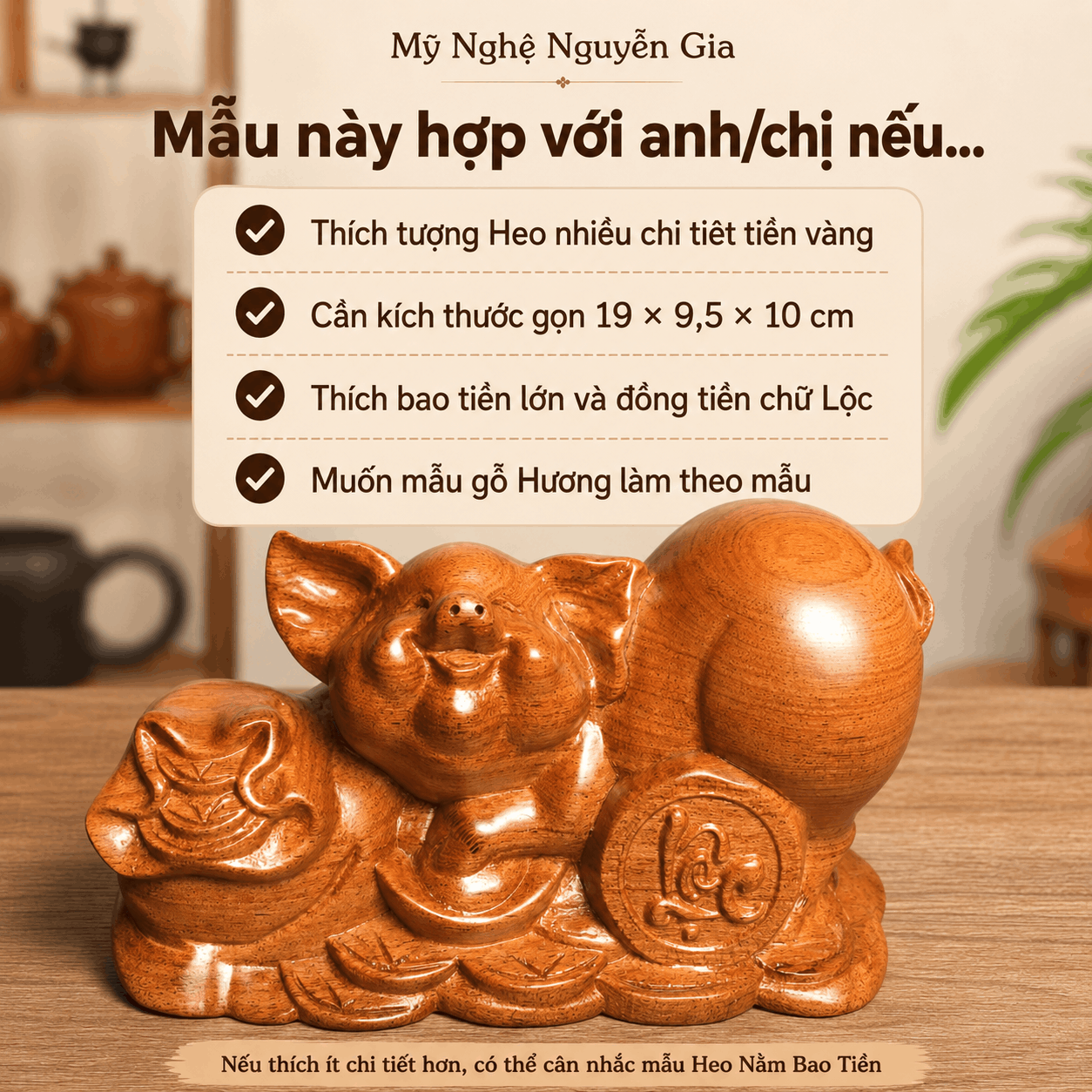 Tượng Heo Nằm Núi Tiền Gỗ Hương Nguyên Khối 19 × 9,5 × 10 cm