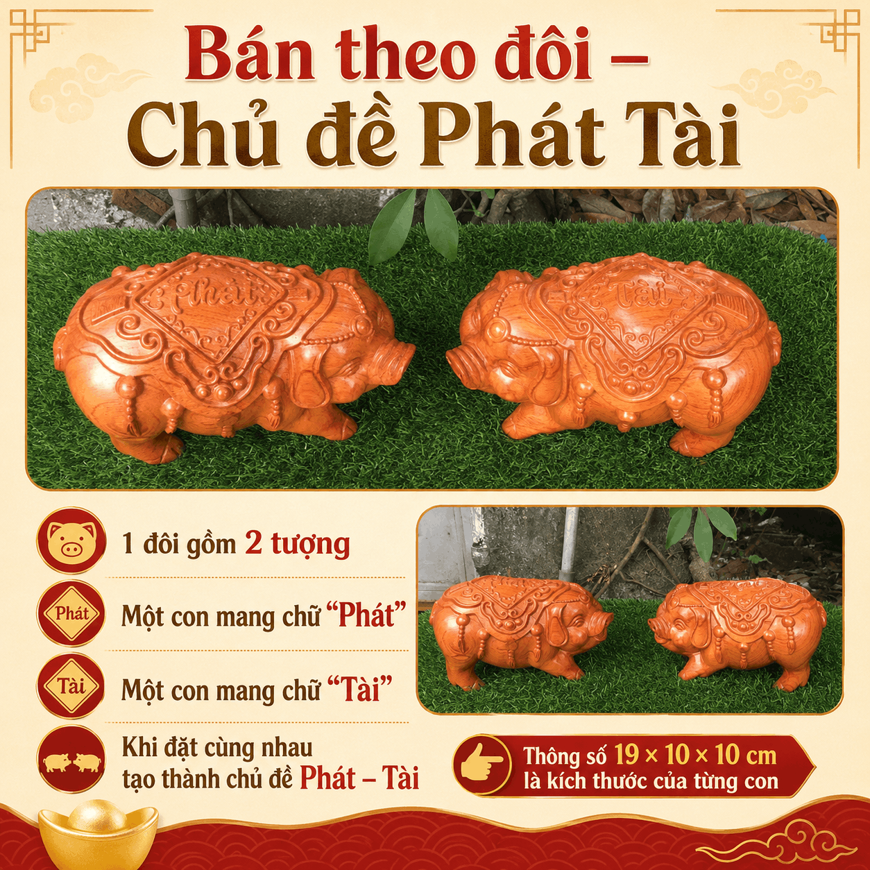 Đôi Tượng Heo Phát Tài Gỗ Hương 19 × 10 × 10 cm/con