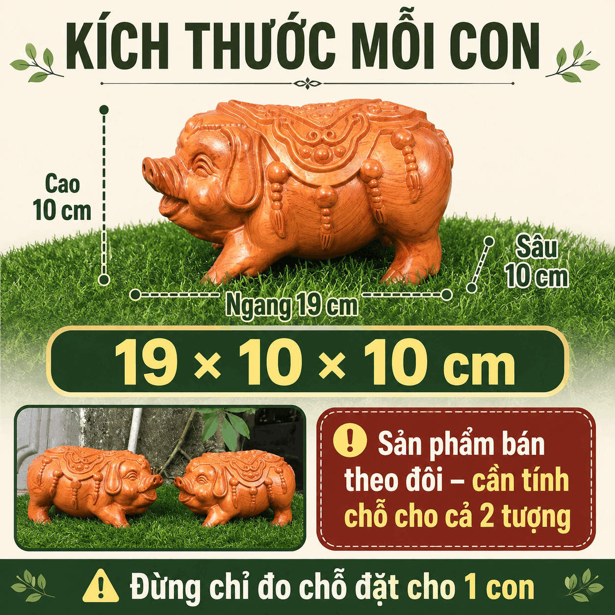 Đôi Tượng Heo Phát Tài Gỗ Hương 19 × 10 × 10 cm/con