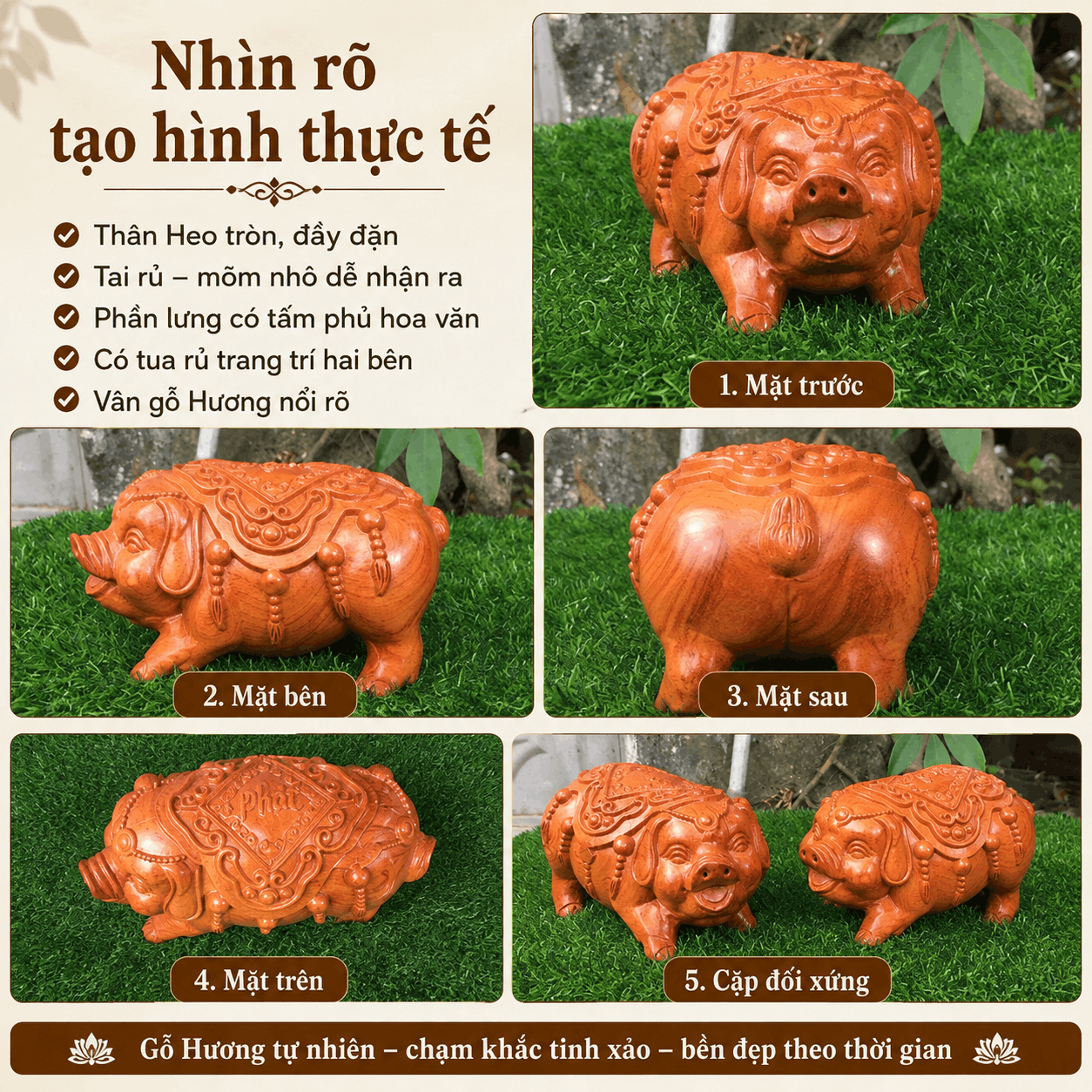 Đôi Tượng Heo Phát Tài Gỗ Hương 19 × 10 × 10 cm/con