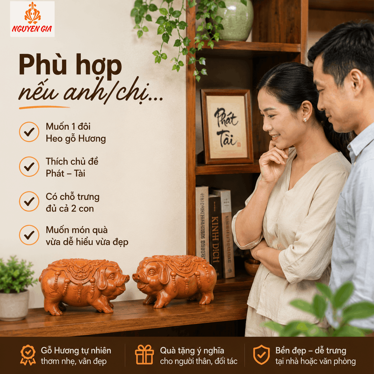 Đôi Tượng Heo Phát Tài Gỗ Hương 19 × 10 × 10 cm/con