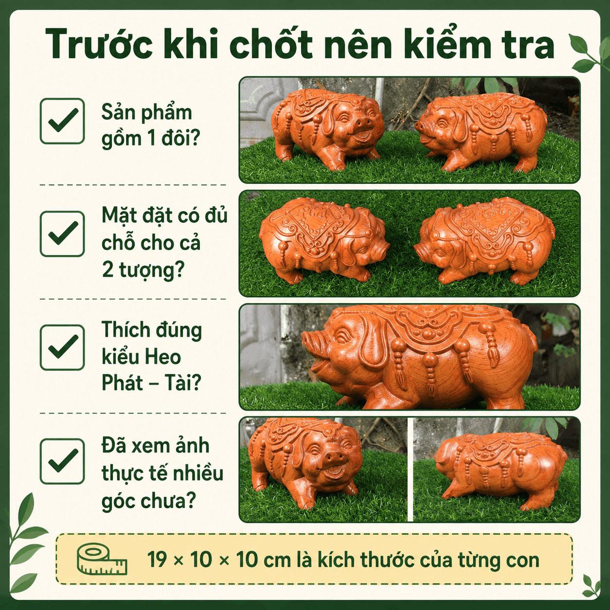 Đôi Tượng Heo Phát Tài Gỗ Hương 19 × 10 × 10 cm/con