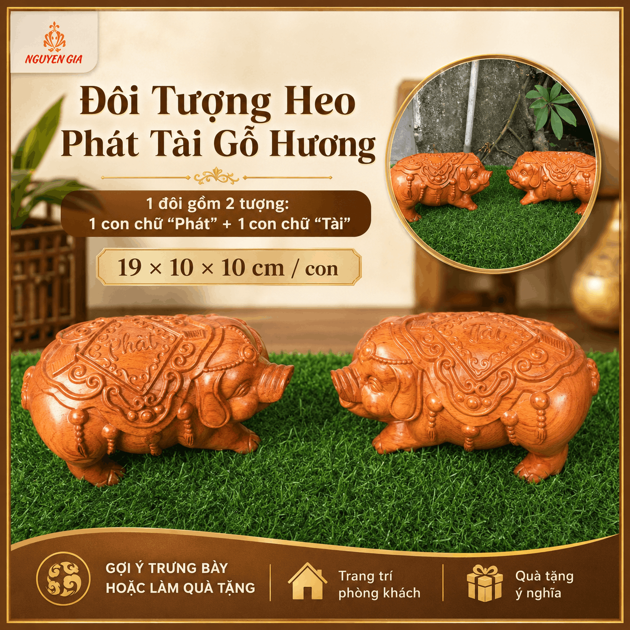 Đôi Tượng Heo Phát Tài Gỗ Hương 19 × 10 × 10 cm/con