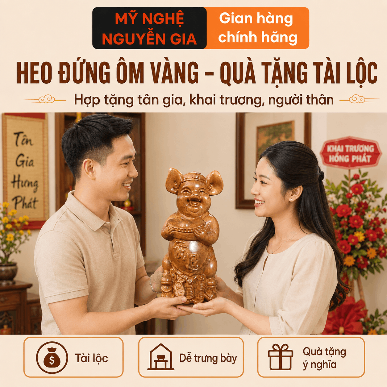 Tượng Heo phong thủy bằng gỗ