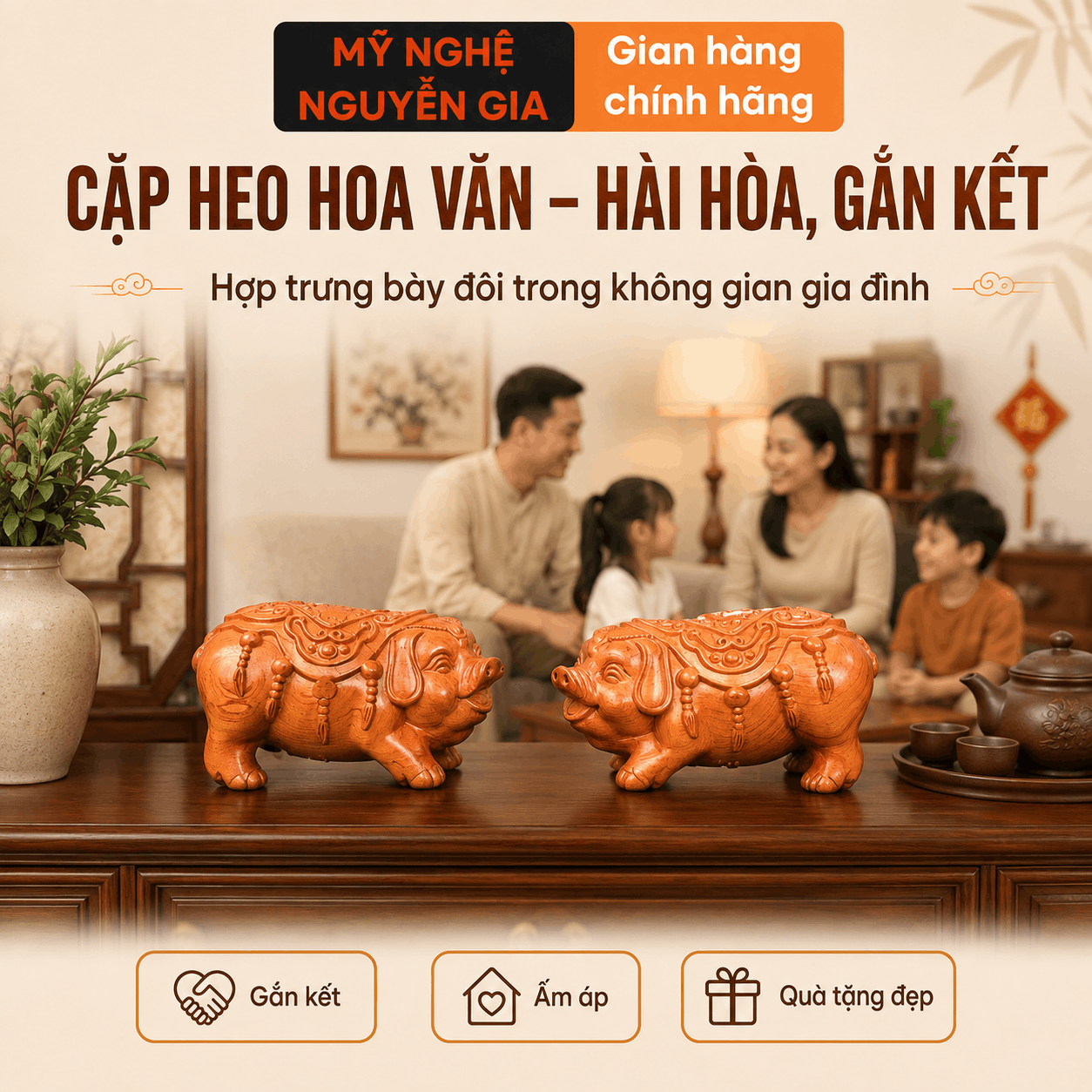 Tượng Heo phong thủy bằng gỗ