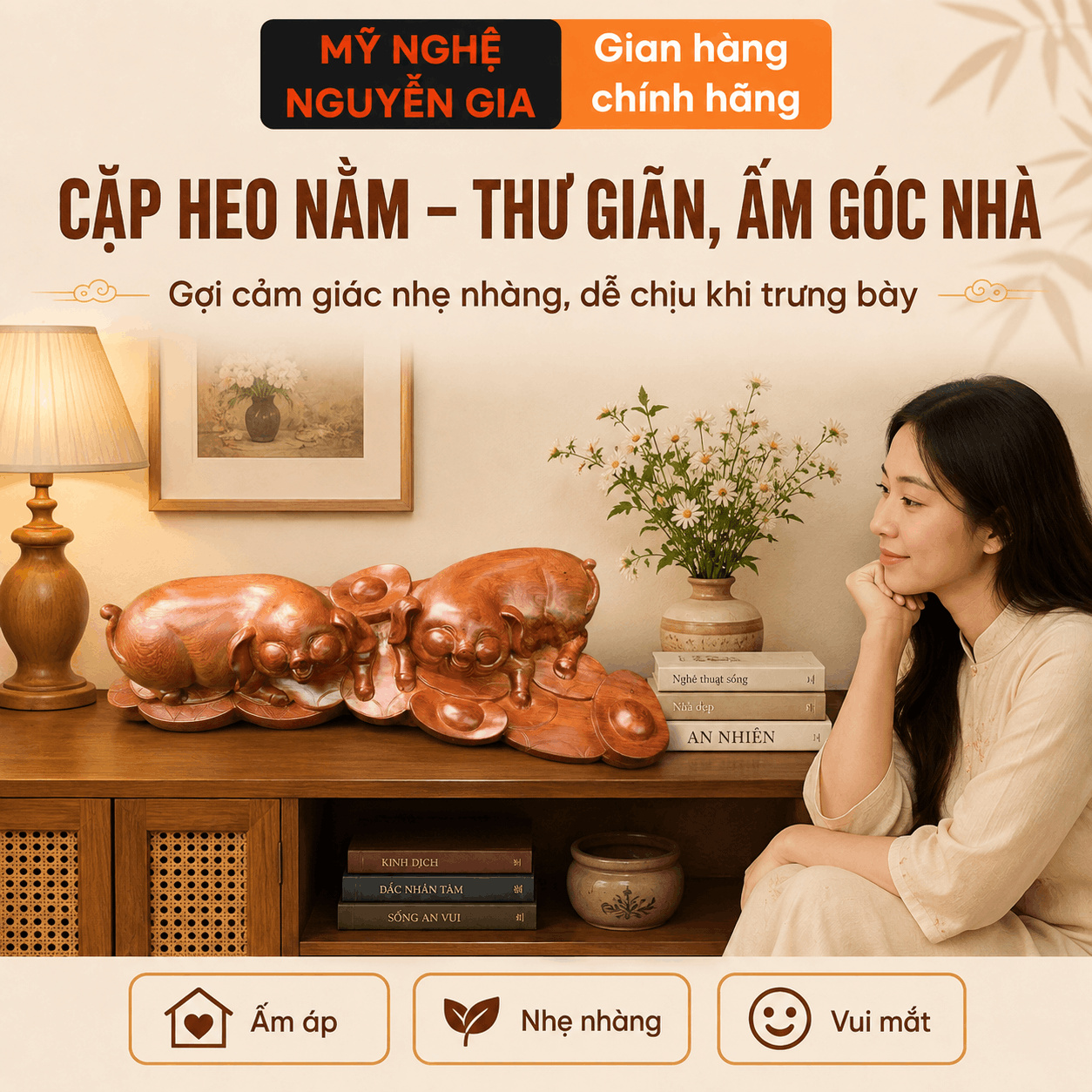 Tượng Heo phong thủy bằng gỗ