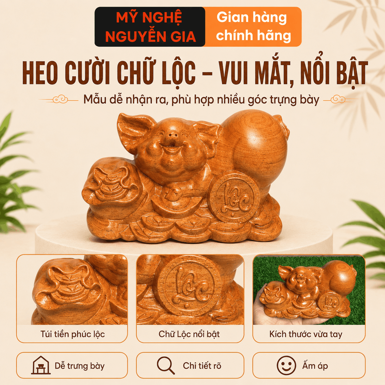 Tượng Heo phong thủy bằng gỗ