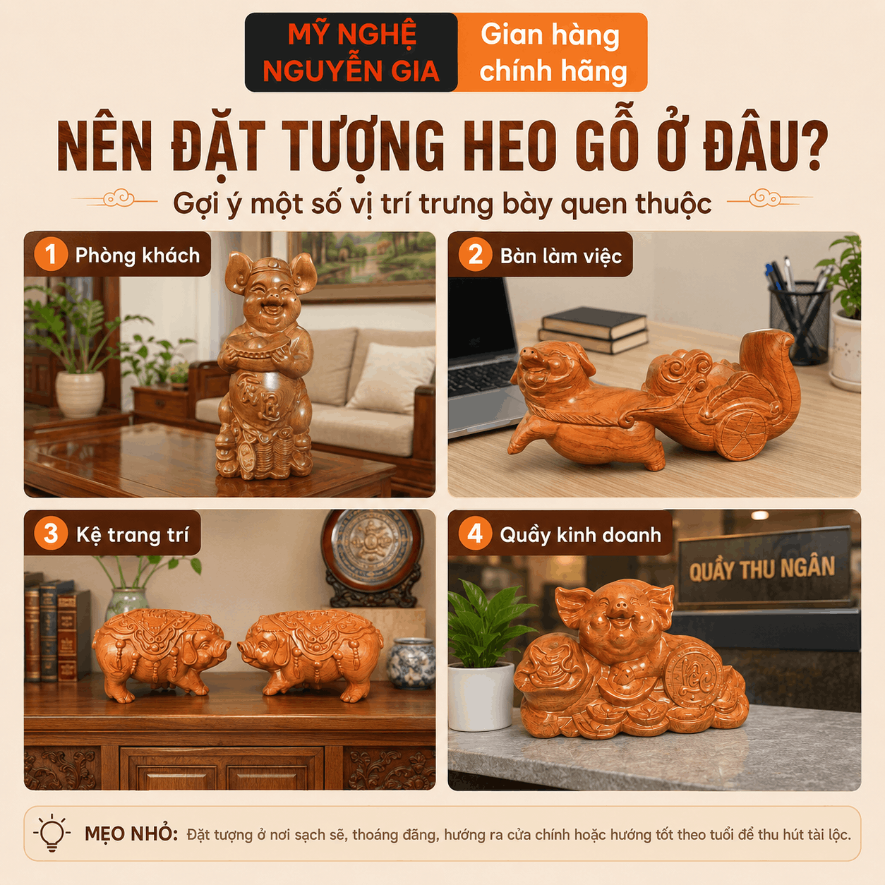 Tượng Heo phong thủy bằng gỗ