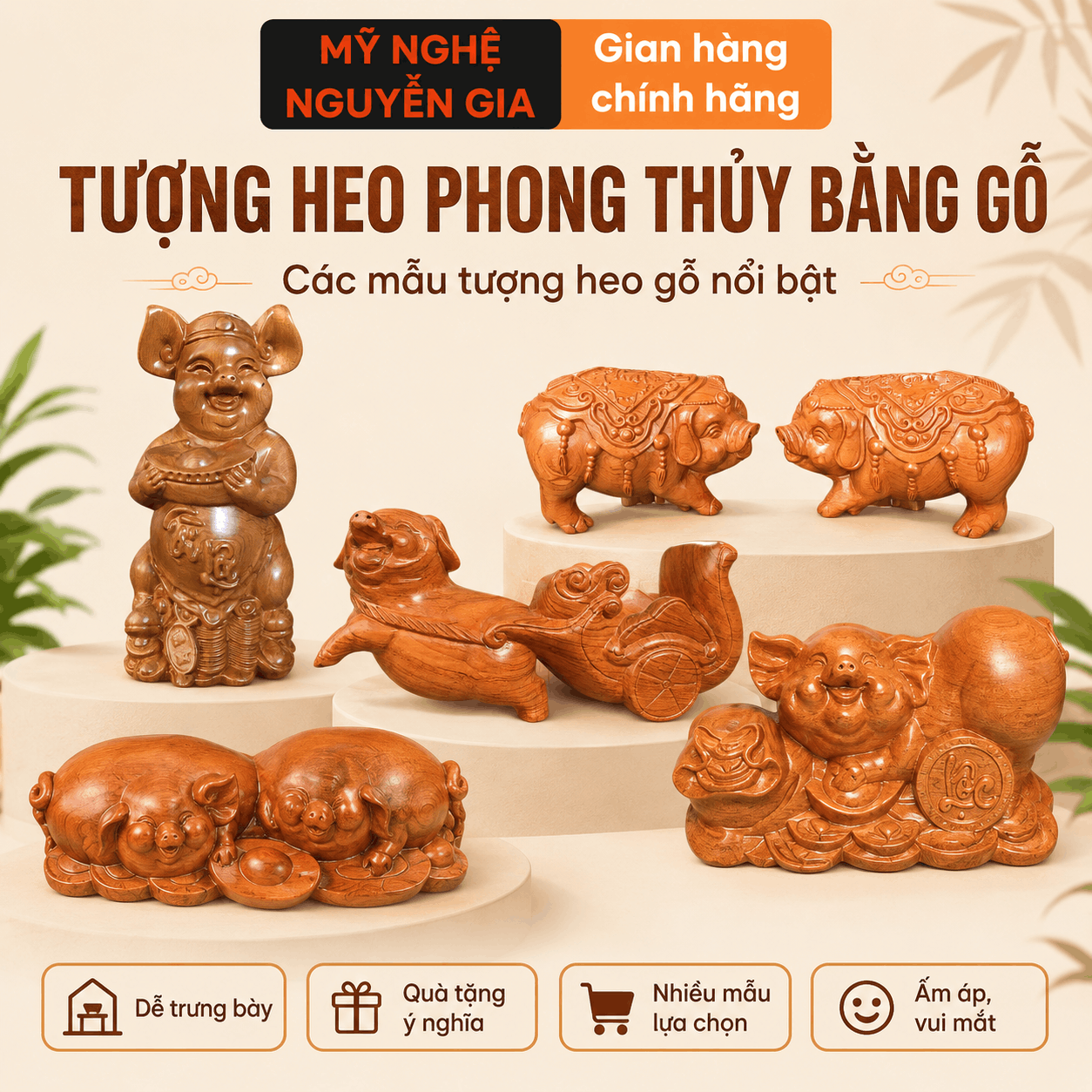 Tượng Heo phong thủy bằng gỗ