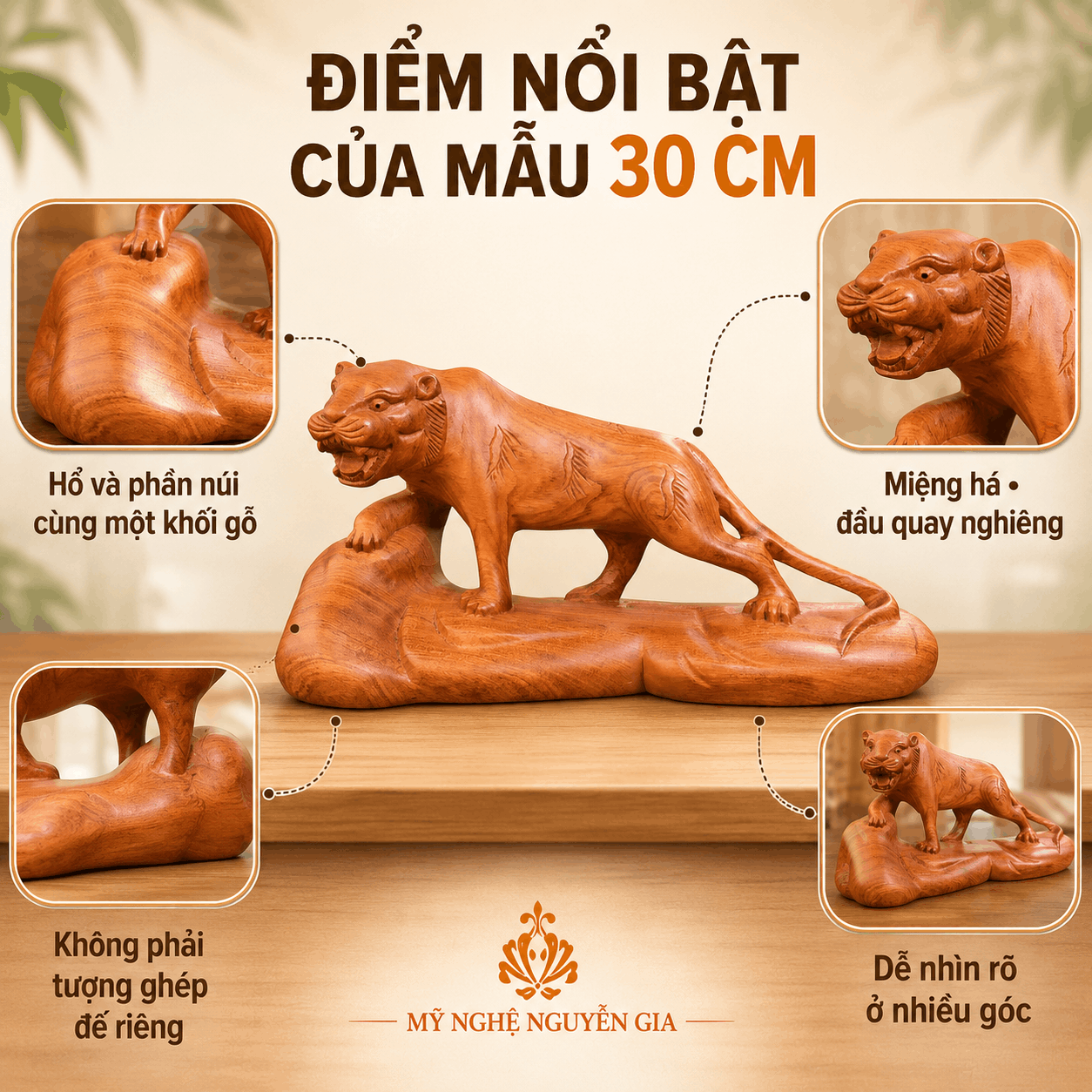 Tượng Hổ Bằng Gỗ Hương Nguyên Khối Ngang 30 cm