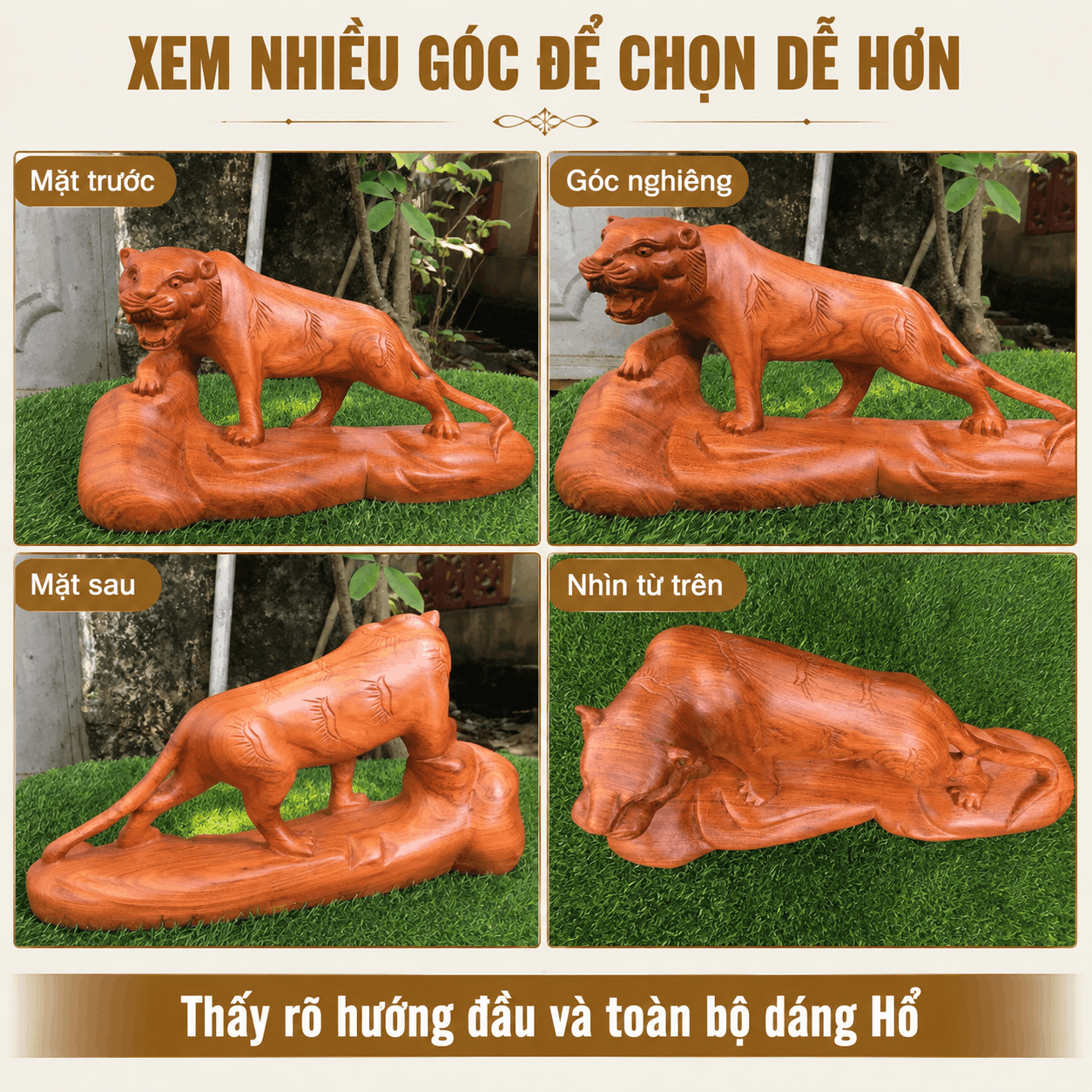 Tượng Hổ Bằng Gỗ Hương Nguyên Khối Ngang 30 cm