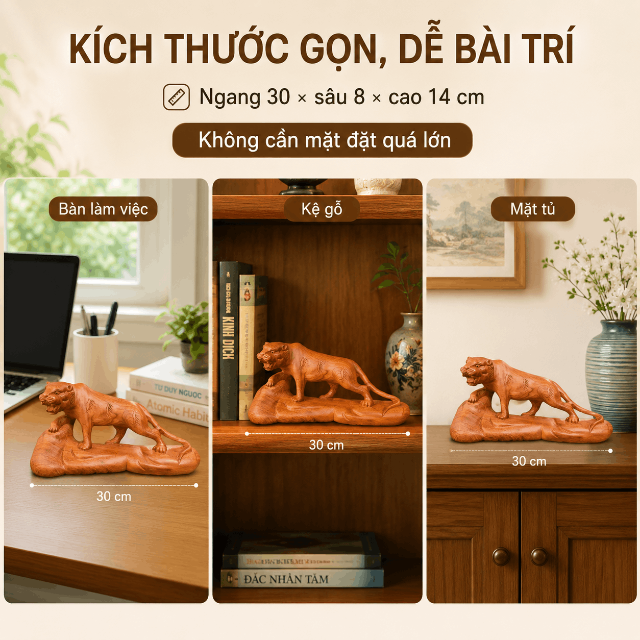 Tượng Hổ Bằng Gỗ Hương Nguyên Khối Ngang 30 cm