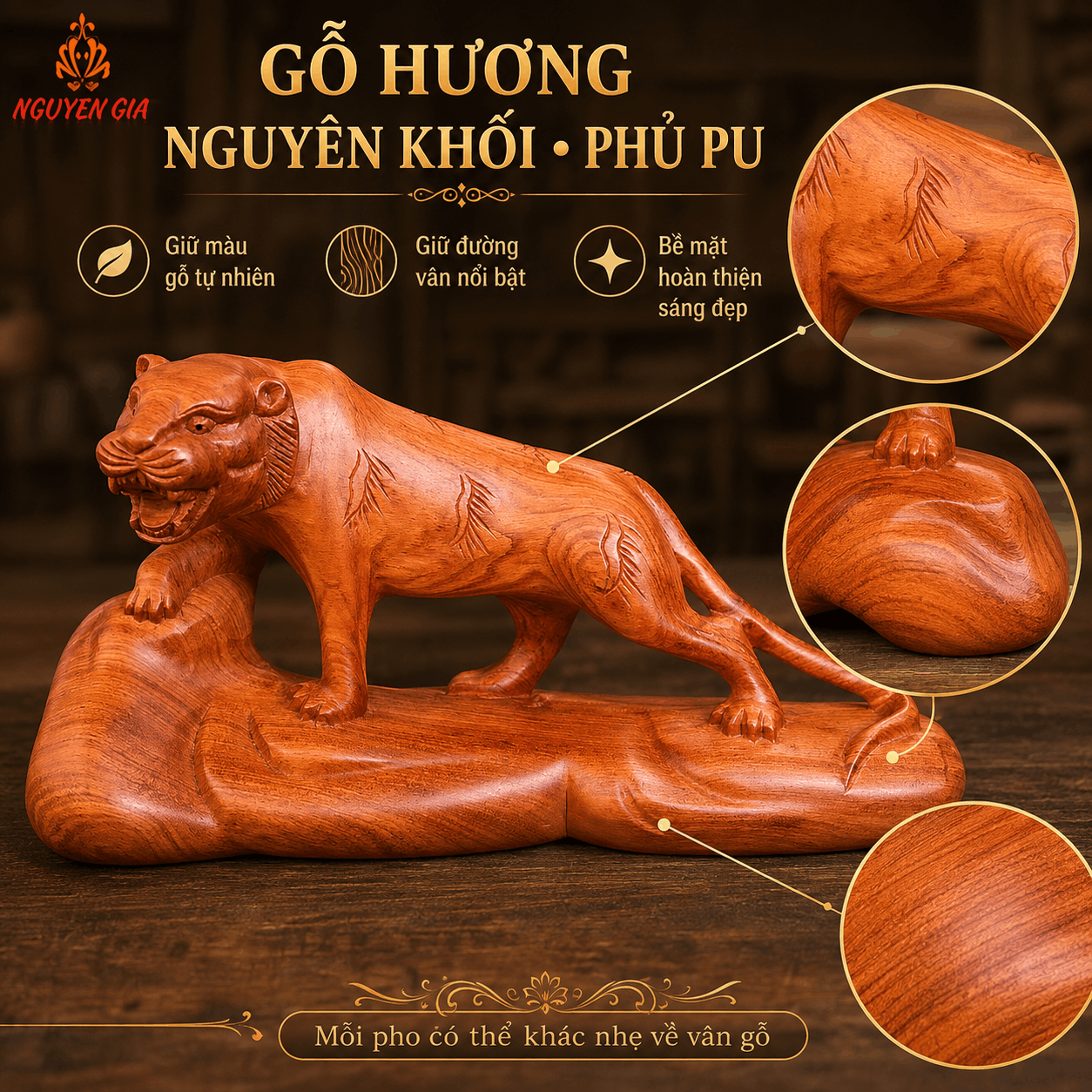 Tượng Hổ Bằng Gỗ Hương Nguyên Khối Ngang 30 cm