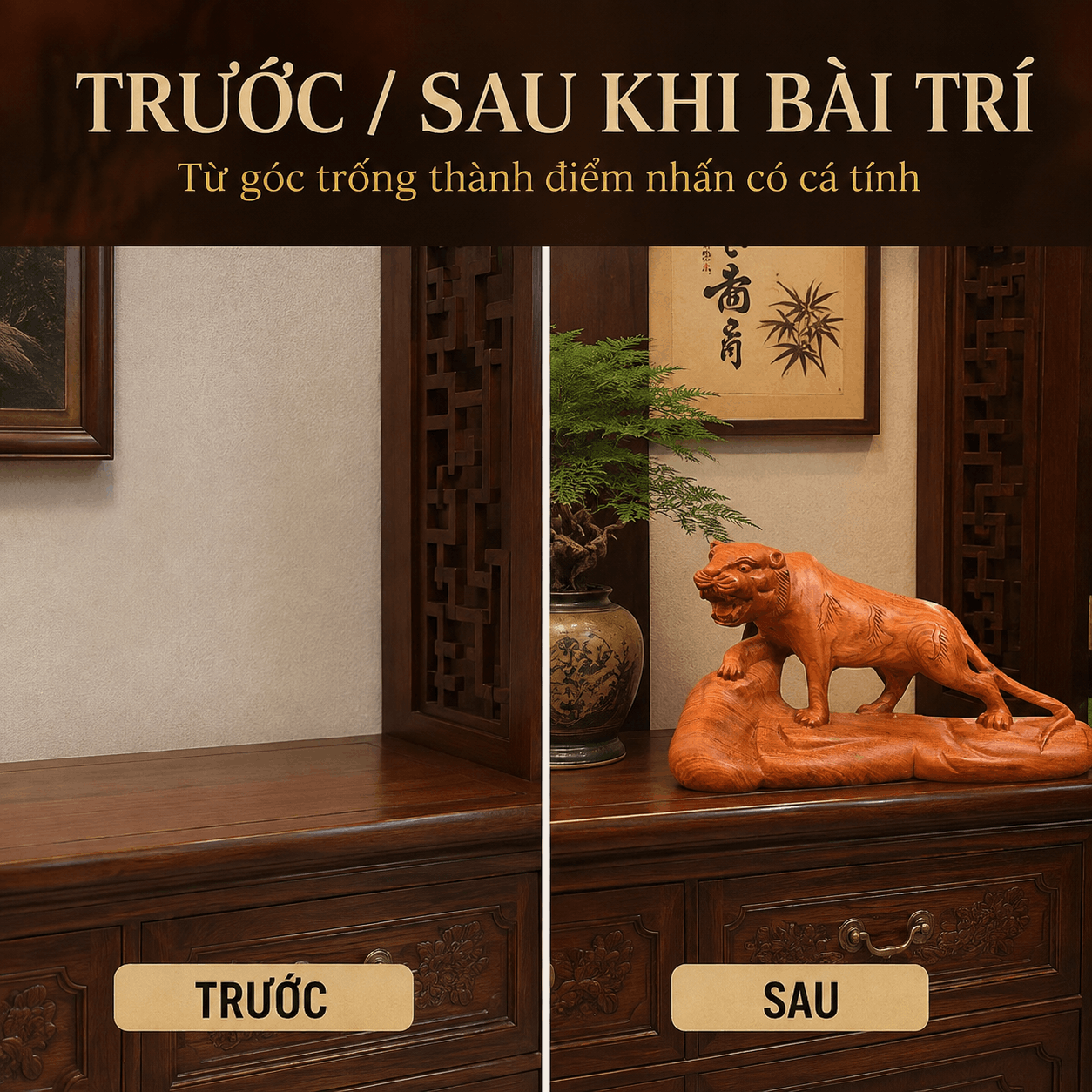 Tượng Hổ Bằng Gỗ Hương Nguyên Khối Ngang 30 cm