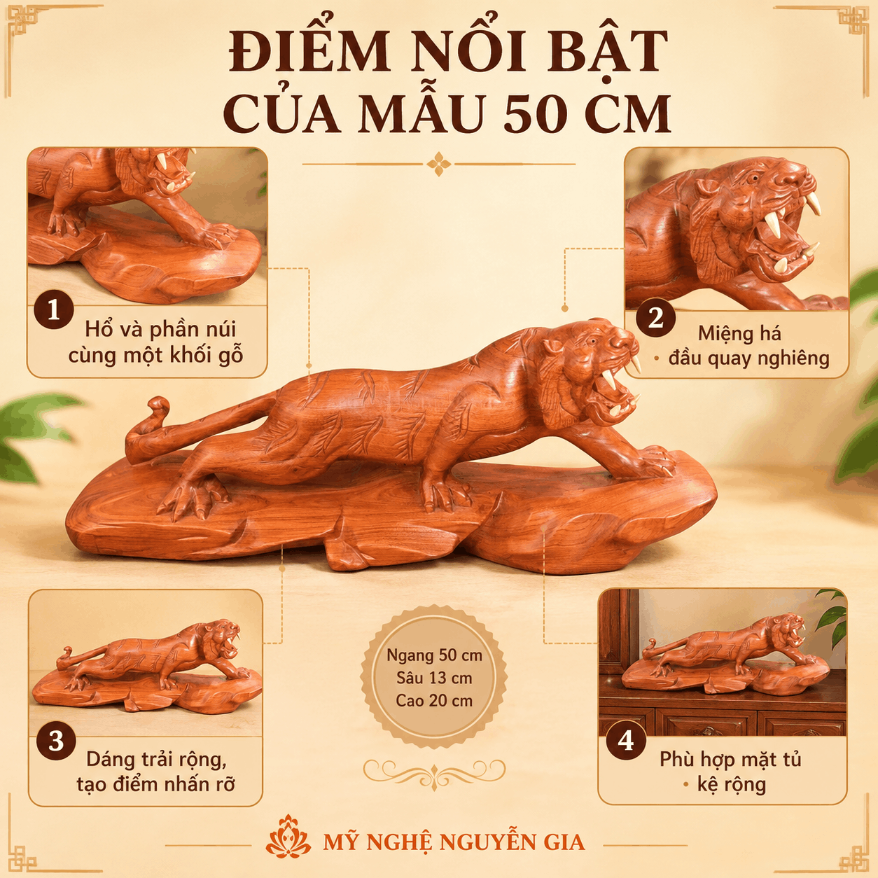 Tượng Hổ Bằng Gỗ Hương Nguyên Khối Ngang 50 cm