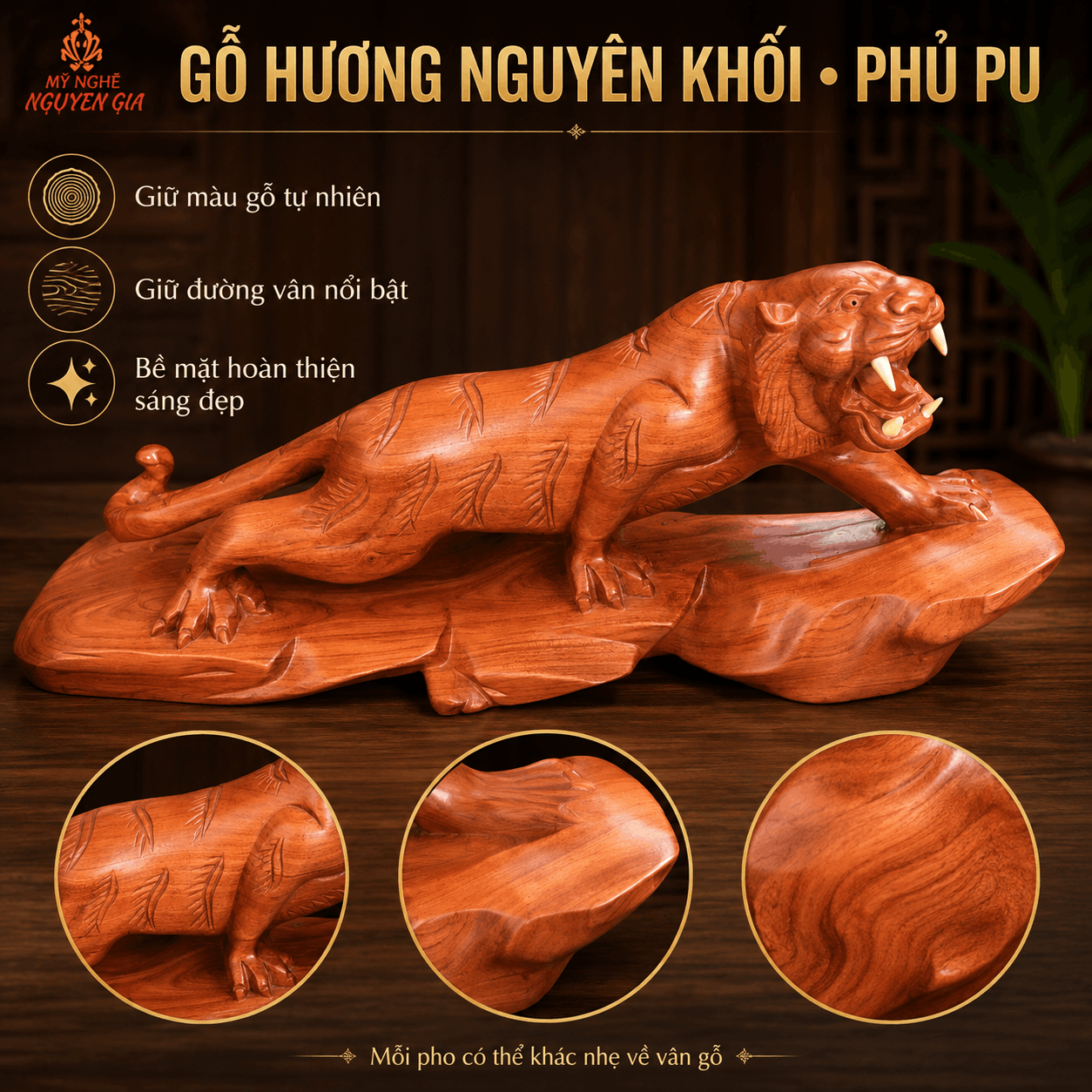 Tượng Hổ Bằng Gỗ Hương Nguyên Khối Ngang 50 cm