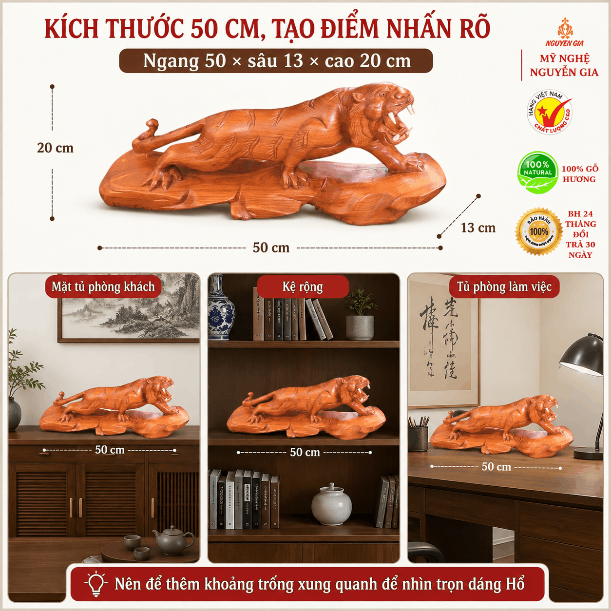 Tượng Hổ Bằng Gỗ Hương Nguyên Khối Ngang 50 cm