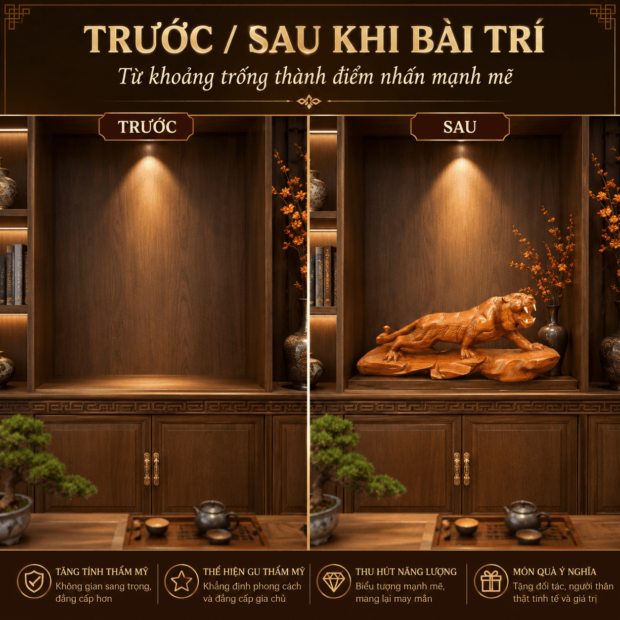 Tượng Hổ Bằng Gỗ Hương Nguyên Khối Ngang 50 cm