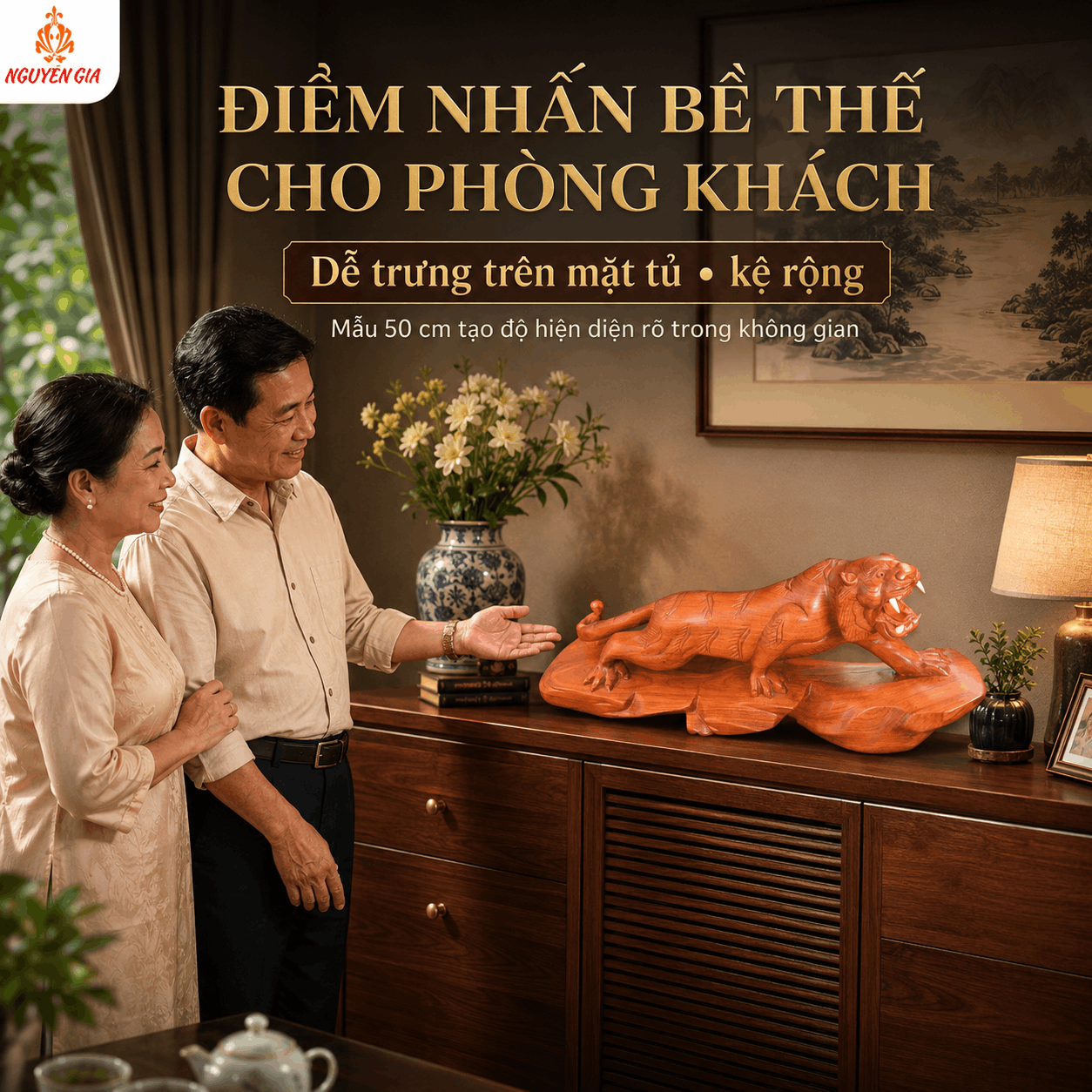 Tượng Hổ Bằng Gỗ Hương Nguyên Khối Ngang 50 cm