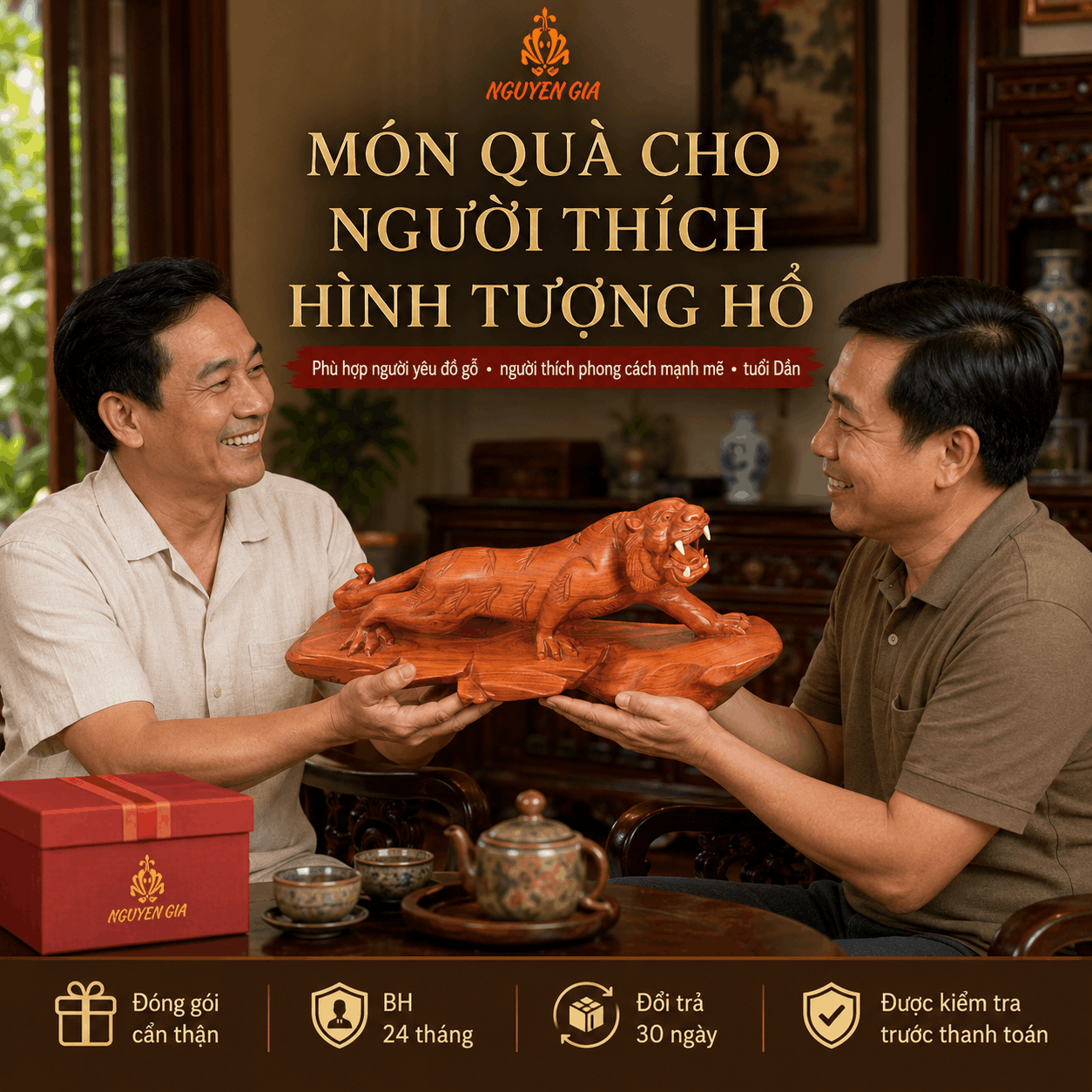 Tượng Hổ Bằng Gỗ Hương Nguyên Khối Ngang 50 cm