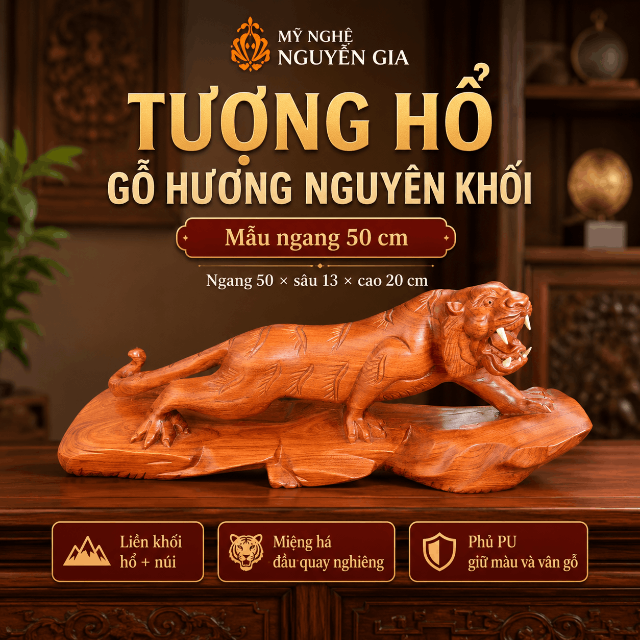 Tượng Hổ Bằng Gỗ Hương Nguyên Khối Ngang 50 cm