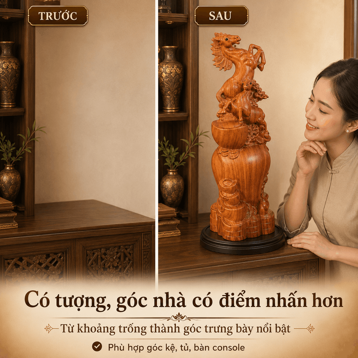 Tượng Ngựa phong thủy bằng gỗ