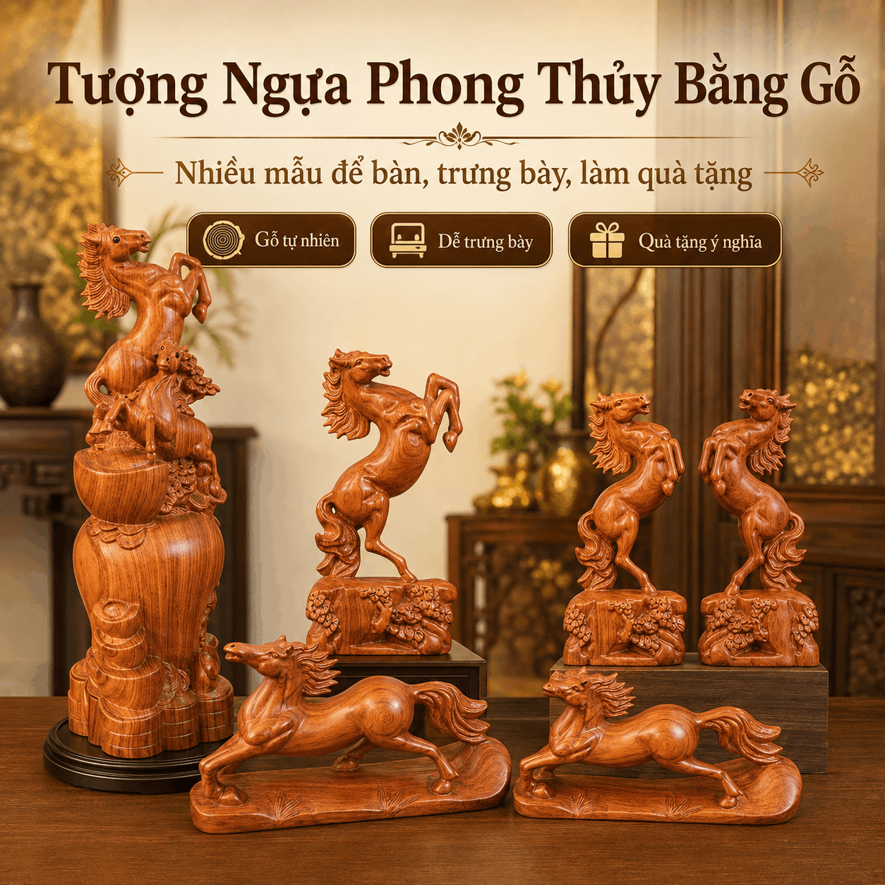Tượng Ngựa phong thủy bằng gỗ