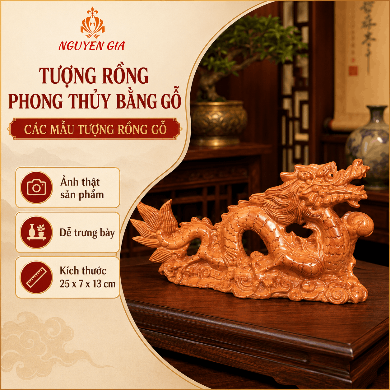 Tượng Rồng phong thủy bằng gỗ