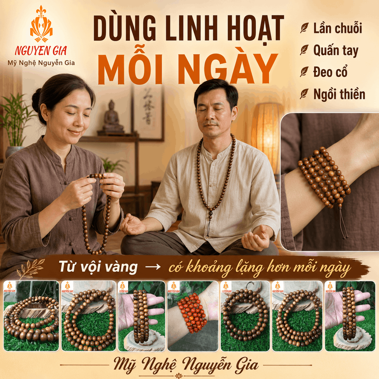 Chuỗi 108 Hạt Gỗ B&aacute;ch Xanh, Huyết Long, Ngọc Am