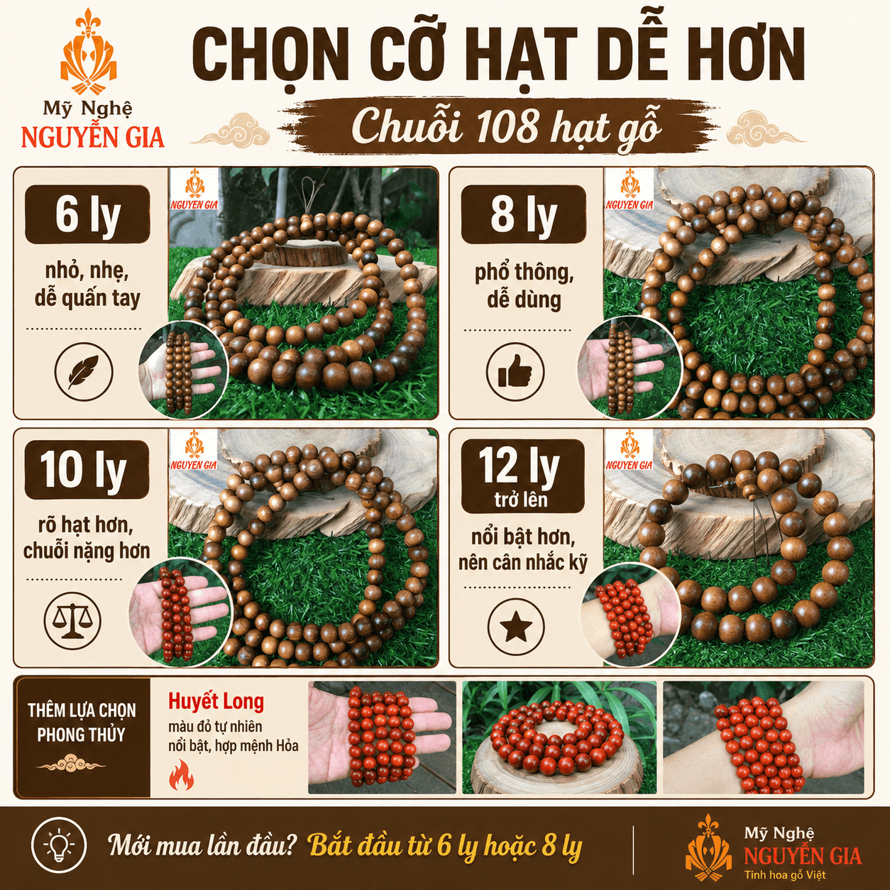 Chuỗi 108 Hạt Gỗ B&aacute;ch Xanh, Huyết Long, Ngọc Am