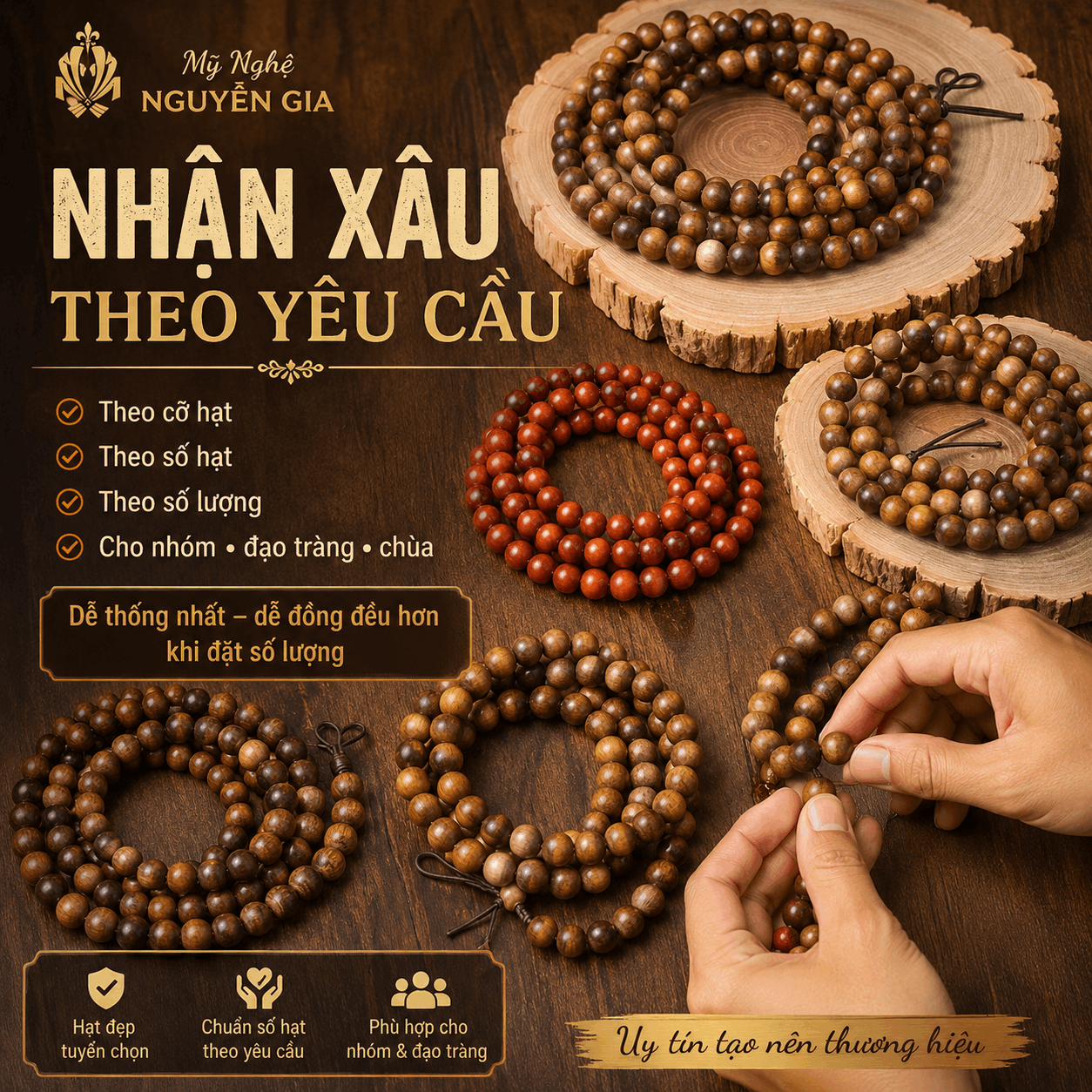 Chuỗi 108 Hạt Gỗ B&aacute;ch Xanh, Huyết Long, Ngọc Am