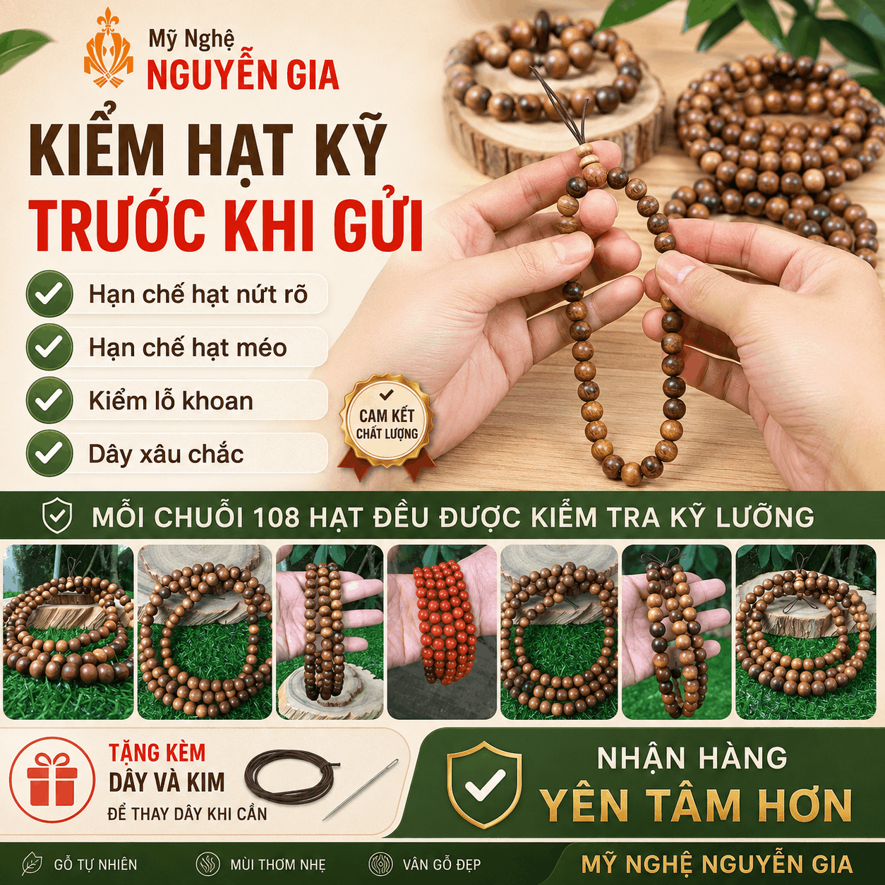 Chuỗi 108 Hạt Gỗ B&aacute;ch Xanh, Huyết Long, Ngọc Am