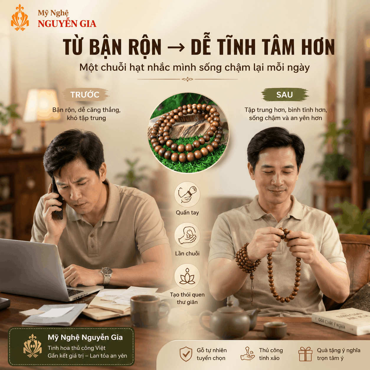 Chuỗi 108 Hạt Gỗ B&aacute;ch Xanh, Huyết Long, Ngọc Am