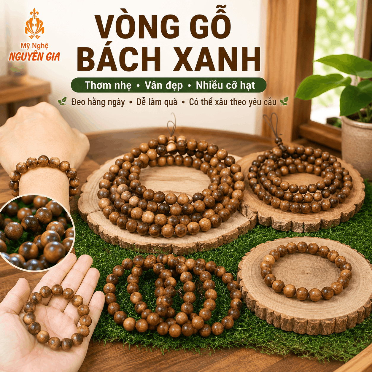 V&ograve;ng Gỗ B&aacute;ch Xanh Đủ Cỡ, Thơm Nhẹ, X&acirc;u Theo Y&ecirc;u Cầu