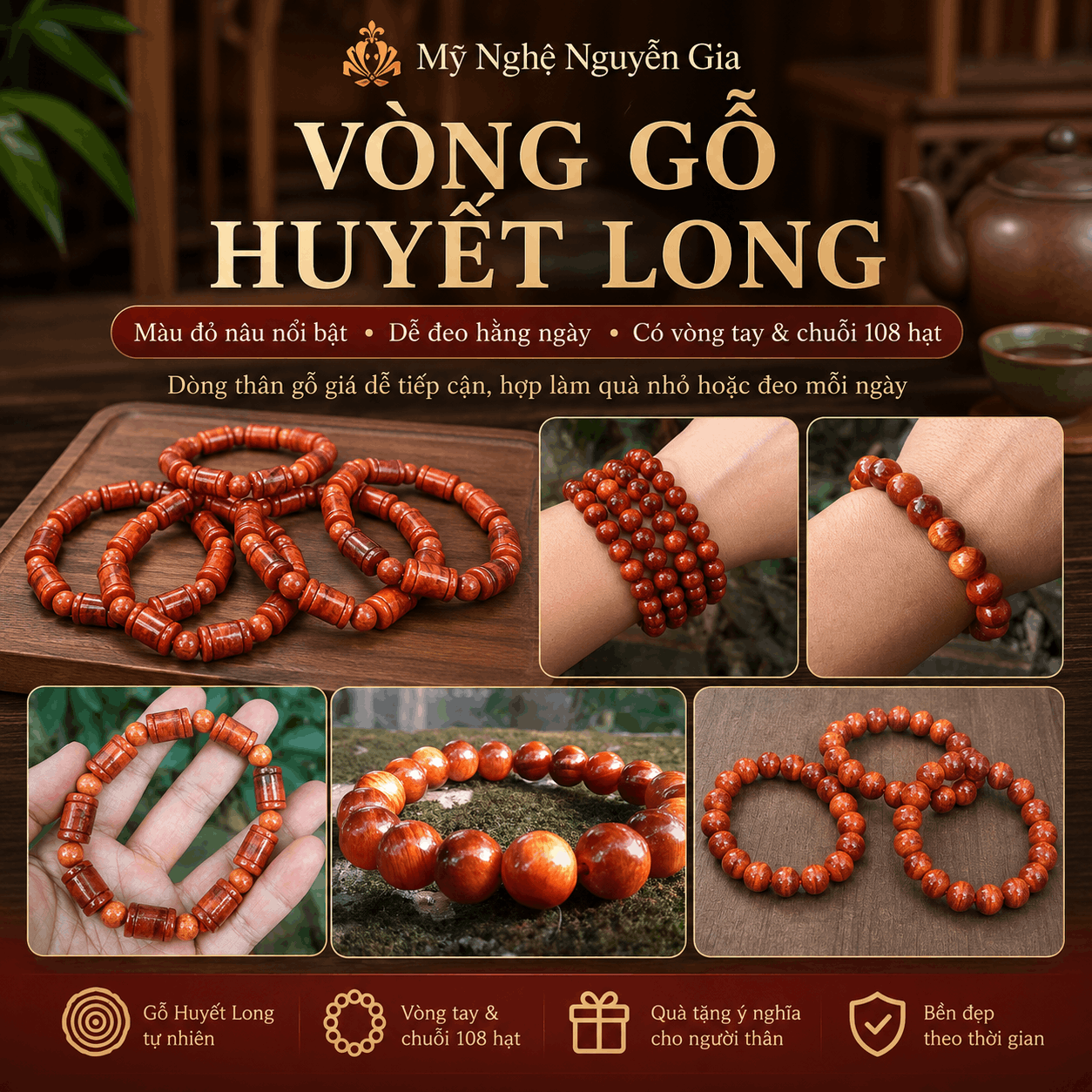 Vòng Gỗ Huyết Long, Vòng Huyết Rồng Màu Đỏ Nổi Bật